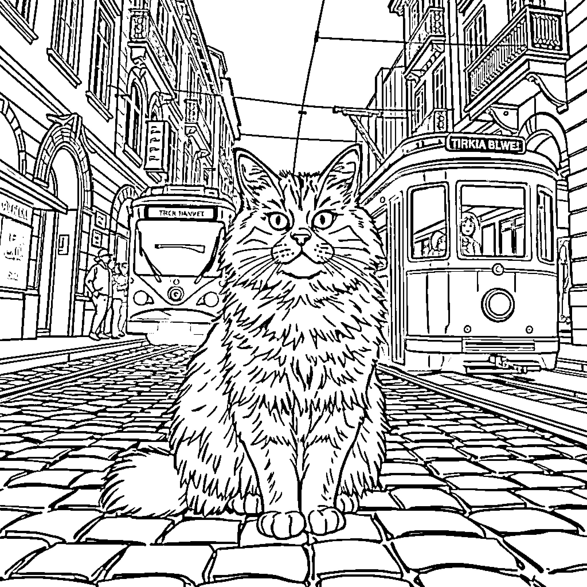 Cat exploring a bustling urban street scene Coloring Page (free black-and-white line drawing printable PDF for all, from beginners to advanced learners, including children, teens, adults, and seniors)