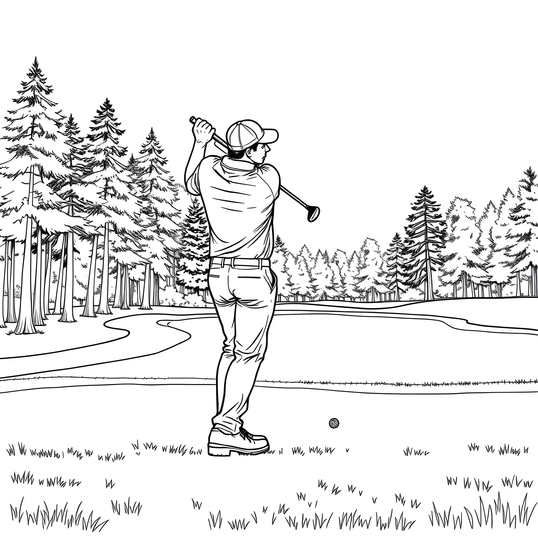 Golfer swinging on golf course in the woods Coloring Page (free black-and-white line drawing printable PDF for all, from beginners to advanced learners, including children, teens, adults, and seniors)