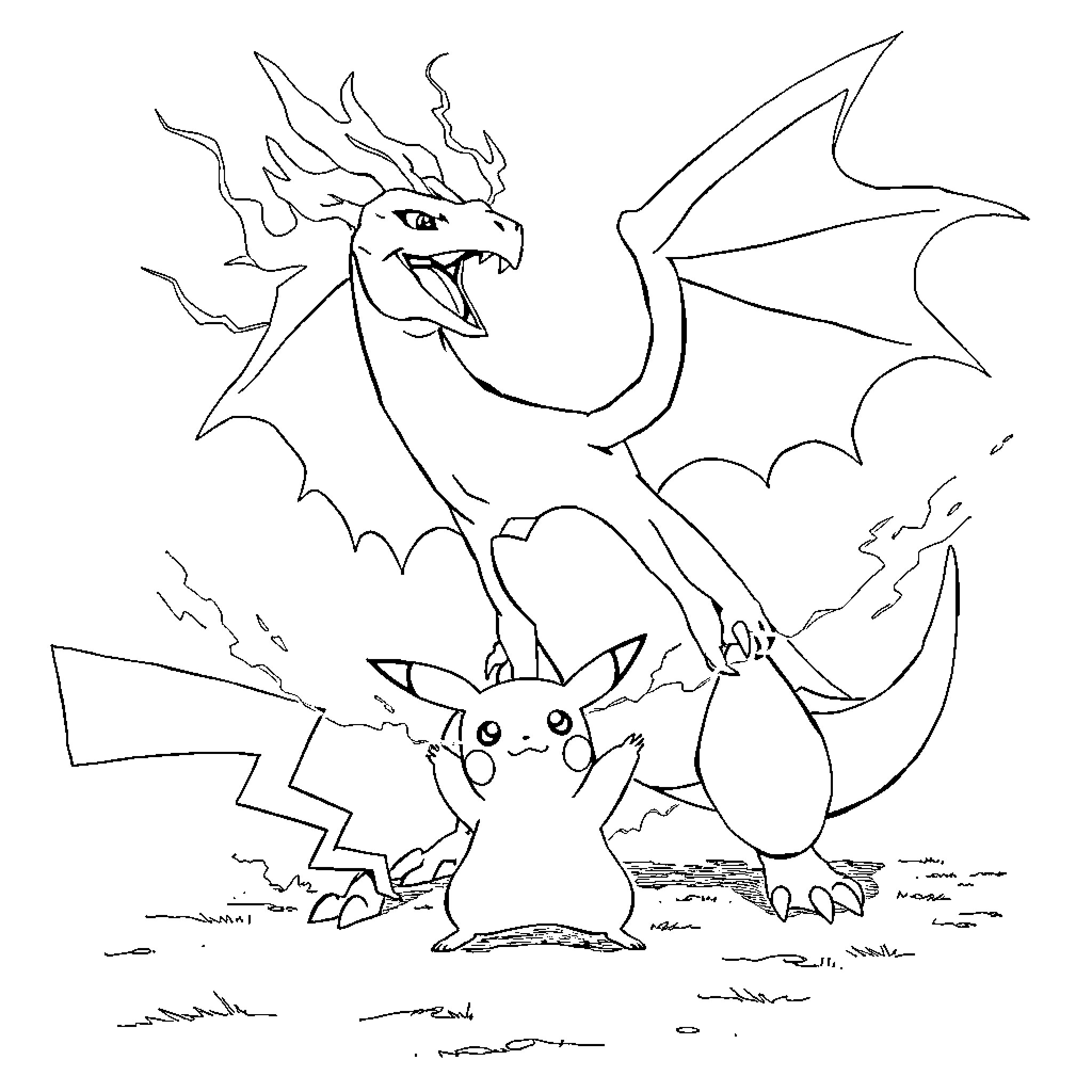 Pikachu facing a fearsome dragon Coloring Page (free black-and-white line drawing printable PDF for all, from beginners to advanced learners, including children, teens, adults, and seniors)
