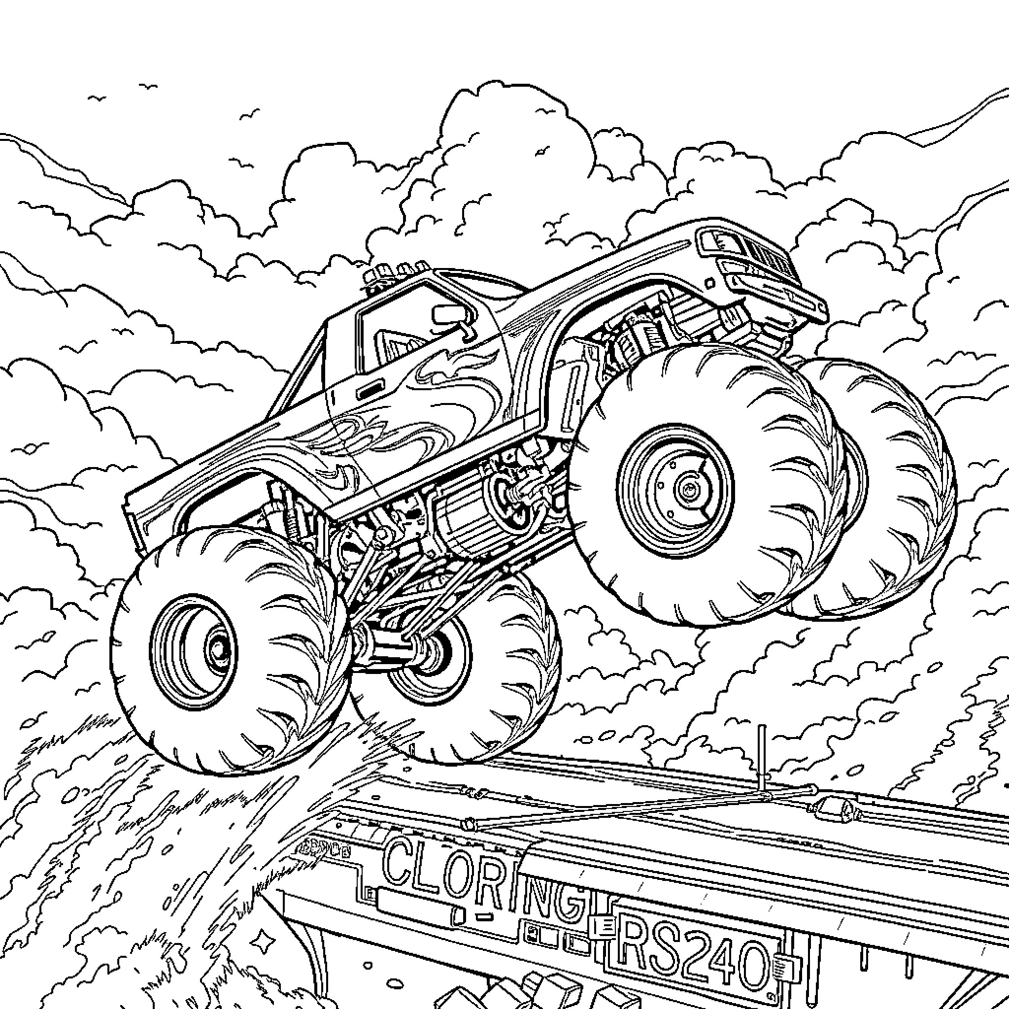 Monster Truck Soaring Through the Clouds Coloring Page (free black-and-white line drawing printable PDF for all, from beginners to advanced learners, including children, teens, adults, and seniors)