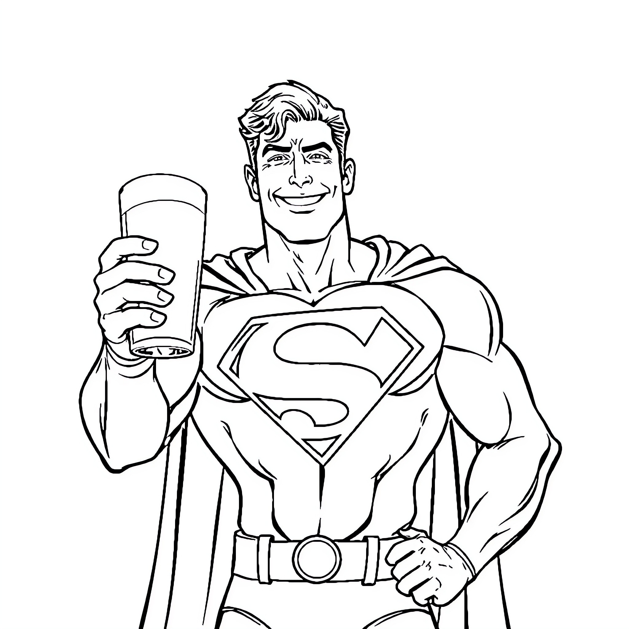 Superman enjoys a refreshing drink Coloring Page (free black-and-white line drawing printable PDF for all, from beginners to advanced learners, including children, teens, adults, and seniors)