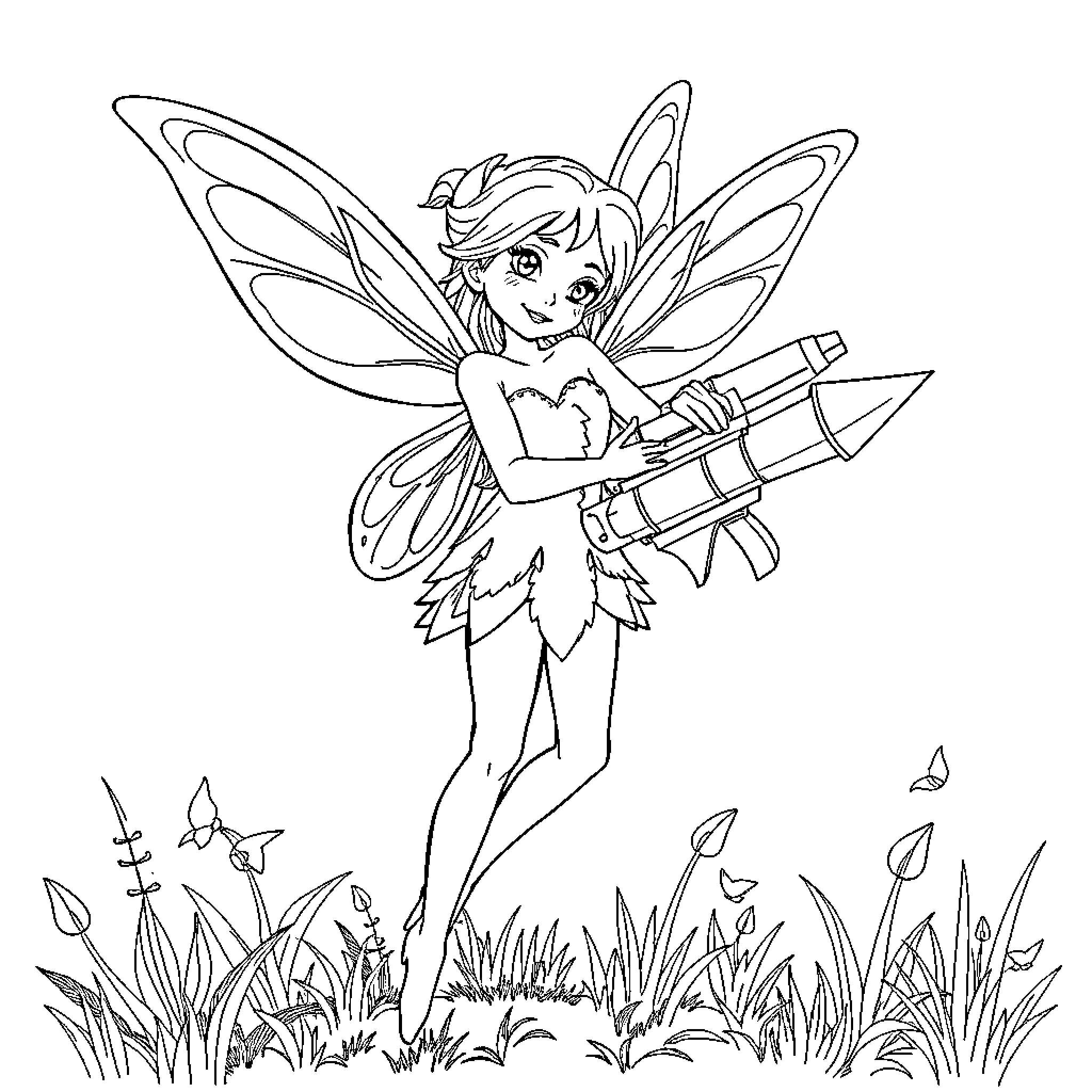 Fairy Gardener Tending to Plants with Gardening Tools Coloring Page (free black-and-white line drawing printable PDF for all, from beginners to advanced learners, including children, teens, adults, and seniors)