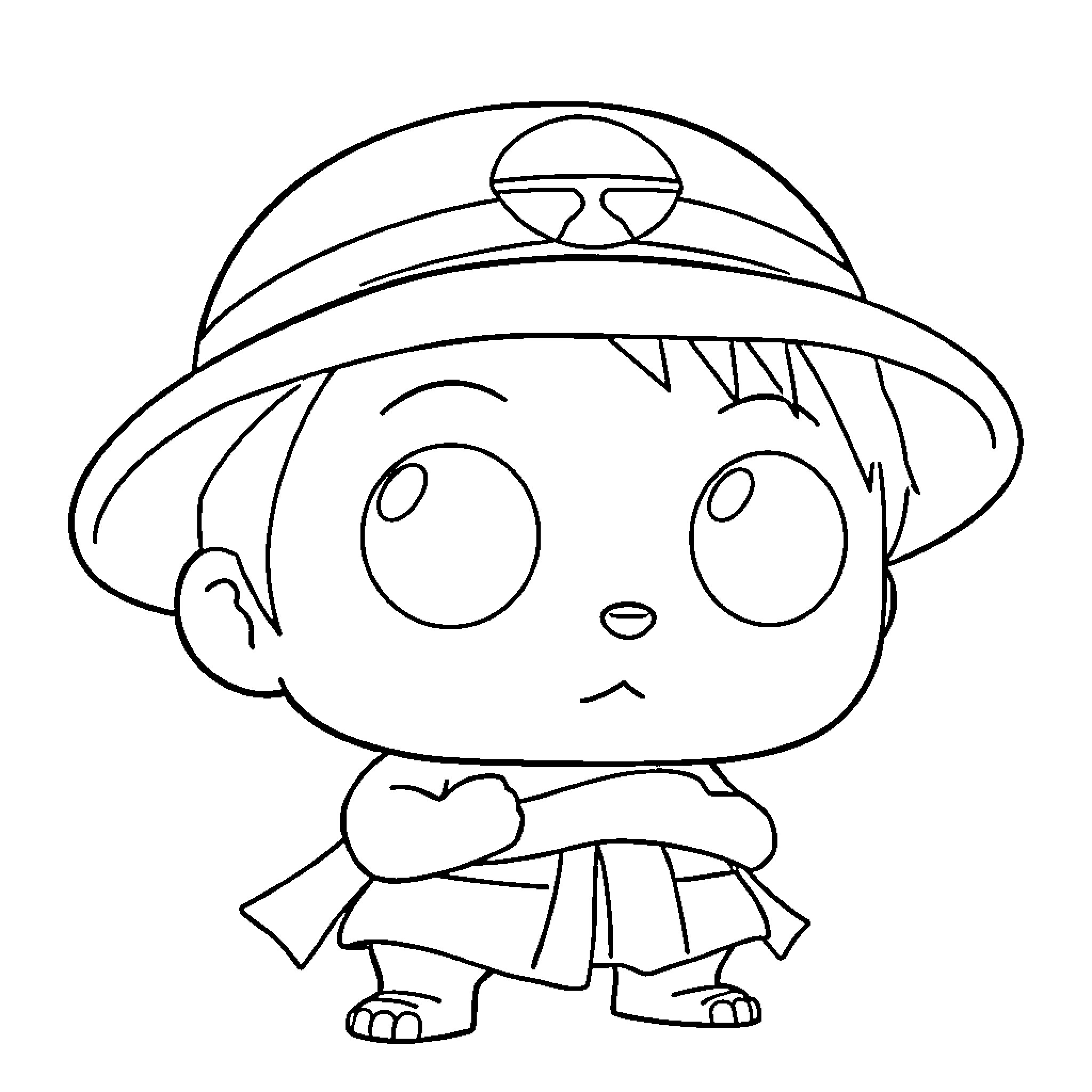 Funko Pop adventurous character with hat Coloring Page (free black-and-white line drawing printable PDF for all, from beginners to advanced learners, including children, teens, adults, and seniors)