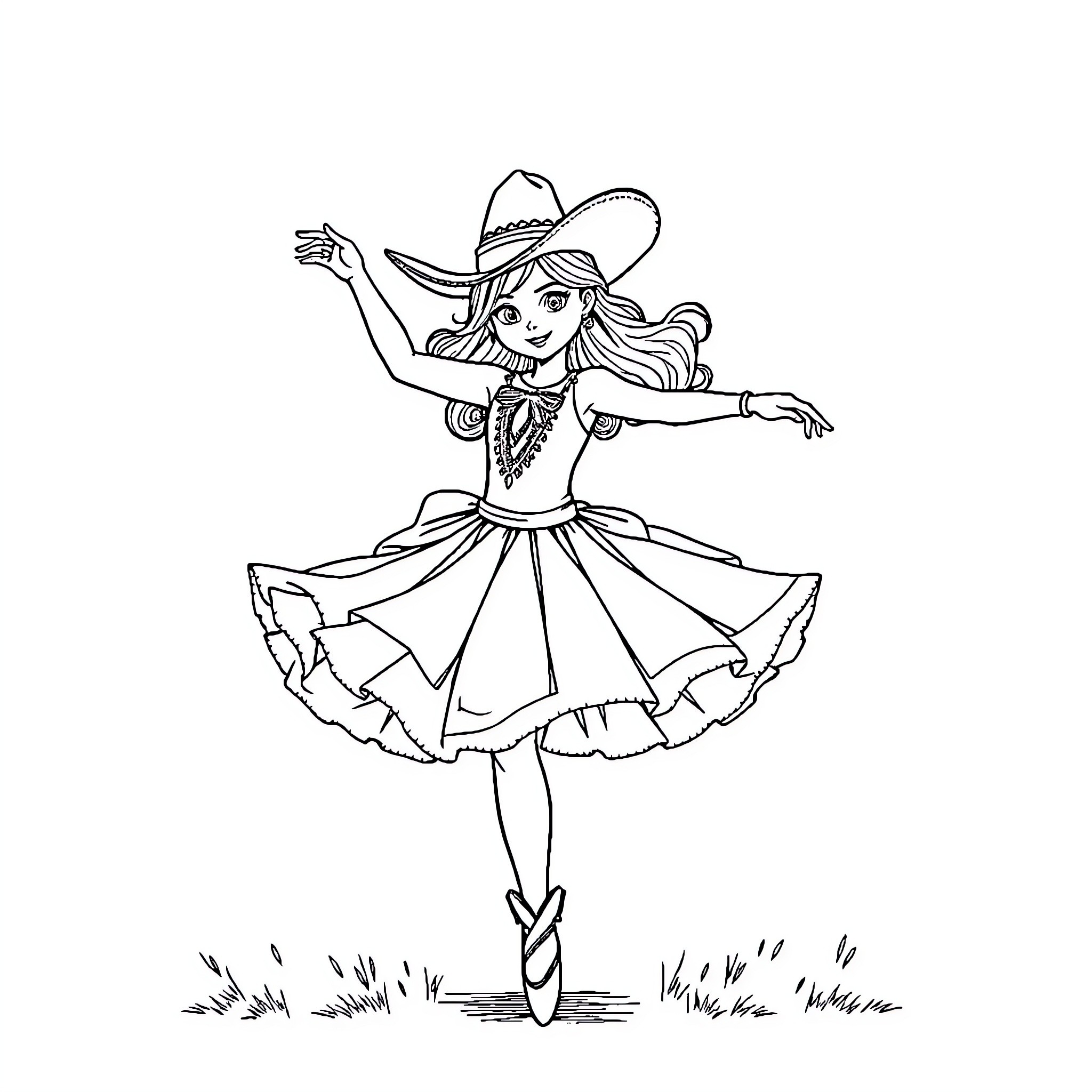 Cowgirl dancing gracefully in a flowing dress Coloring Page (free black-and-white line drawing printable PDF for all, from beginners to advanced learners, including children, teens, adults, and seniors)