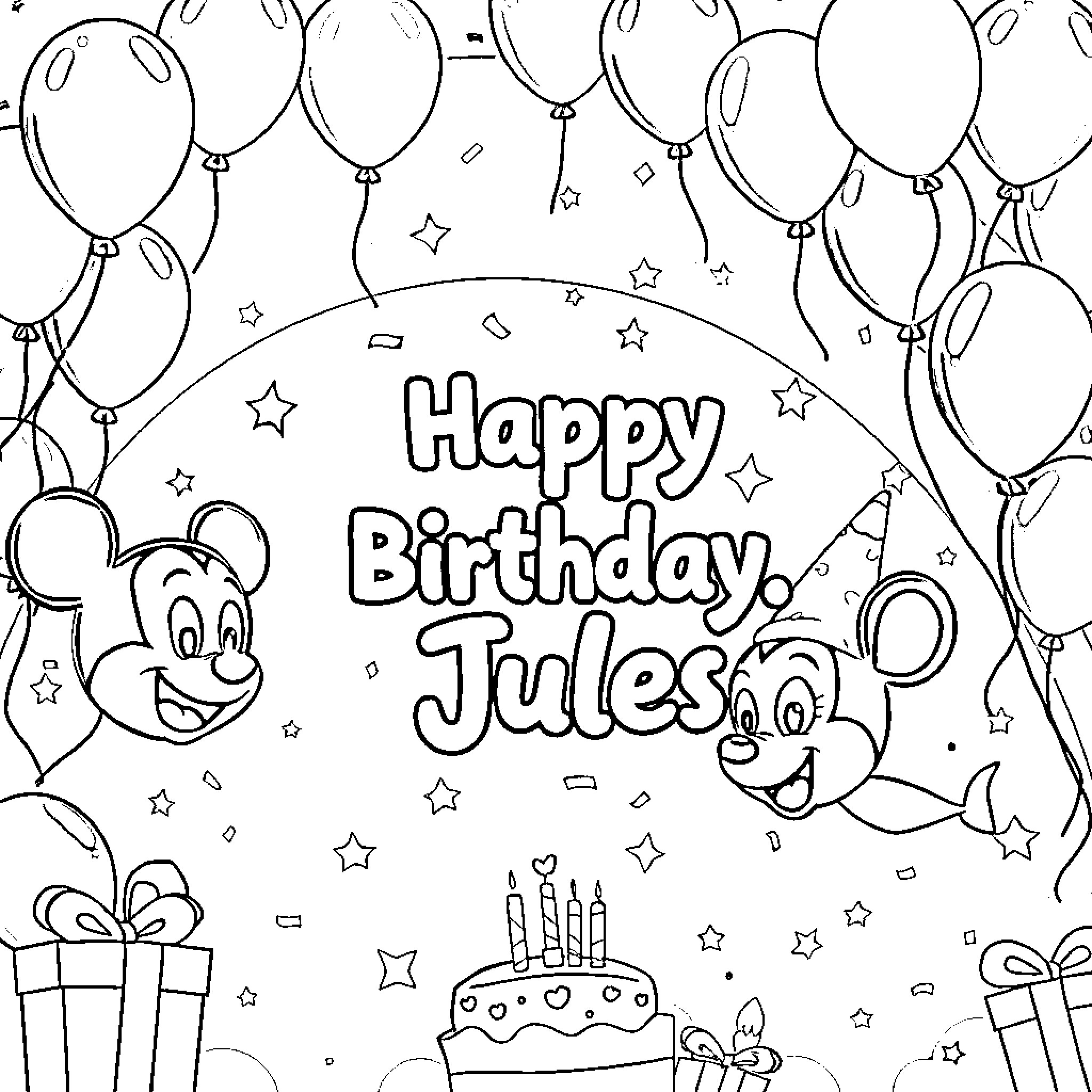 Birthday celebration with balloons and cake Coloring Page (free black-and-white line drawing printable PDF for all, from beginners to advanced learners, including children, teens, adults, and seniors)