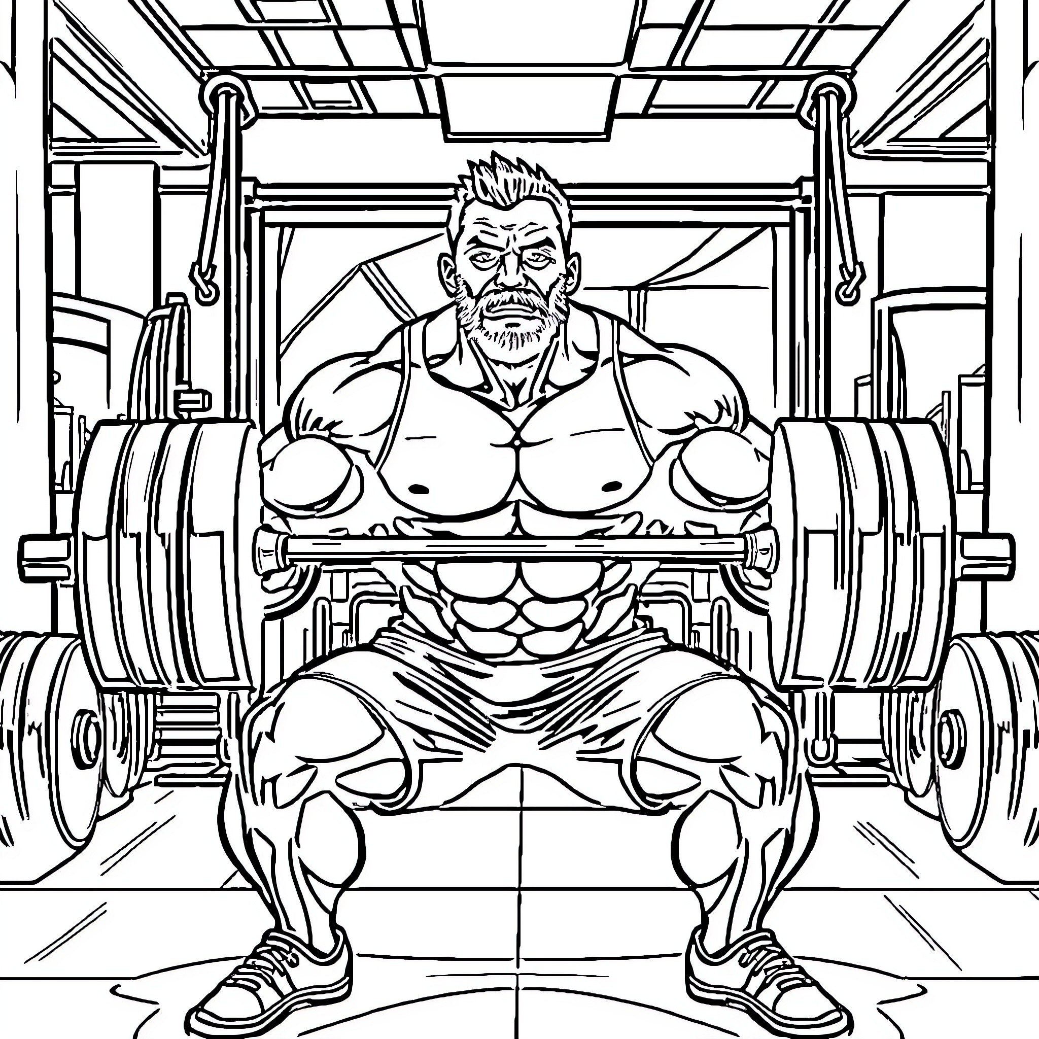 Man lifting weights in the gym Coloring Page (free black-and-white line drawing printable PDF for all, from beginners to advanced learners, including children, teens, adults, and seniors)