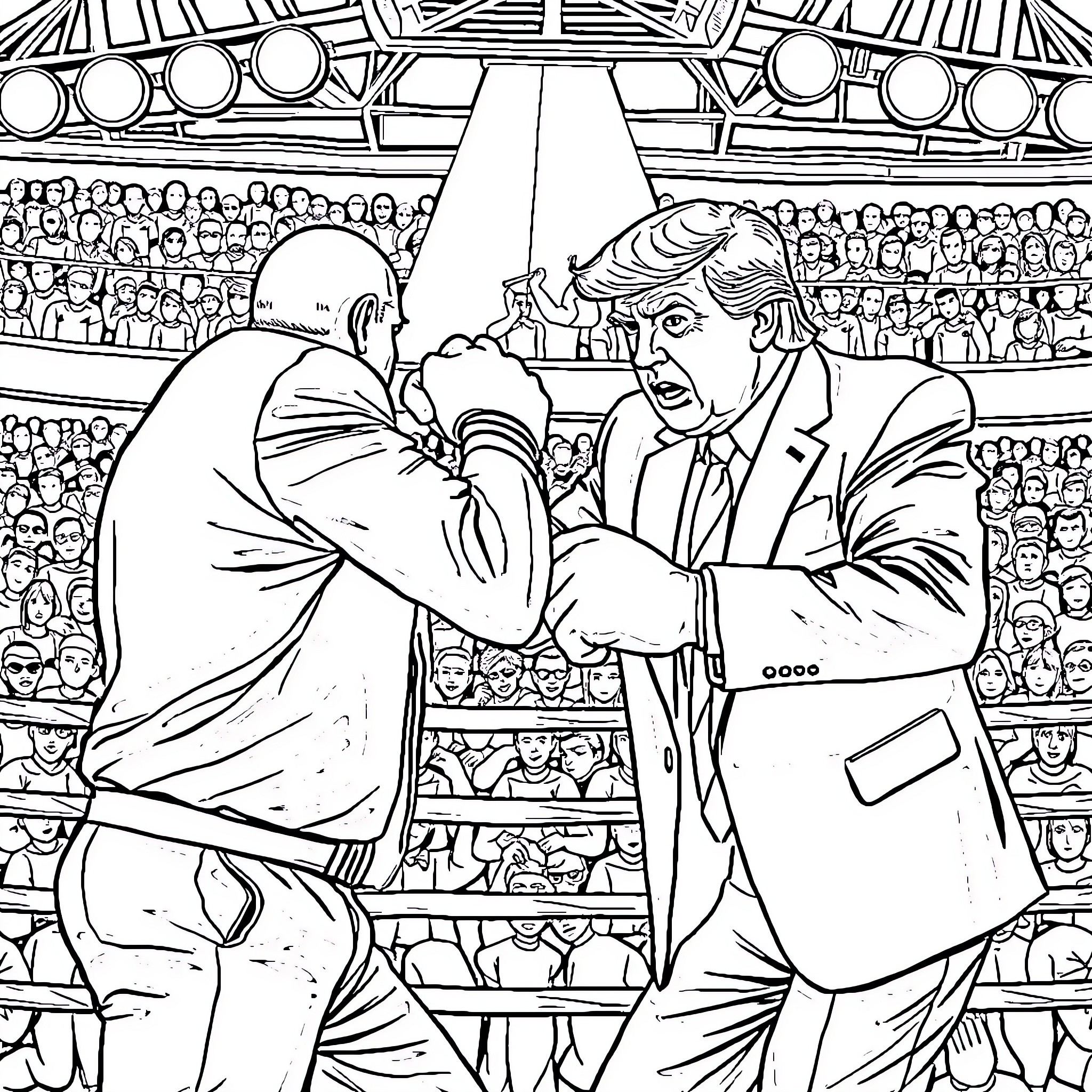 Trump's Confrontational Presence at a High-Profile Event Coloring Page (free black-and-white line drawing printable PDF for all, from beginners to advanced learners, including children, teens, adults, and seniors)