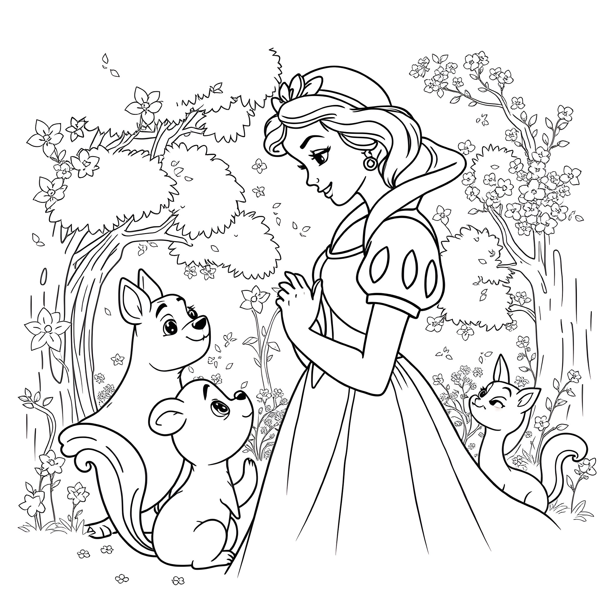 Snow White and her animal friends in the forest Coloring Page (free black-and-white line drawing printable PDF for all, from beginners to advanced learners, including children, teens, adults, and seniors)