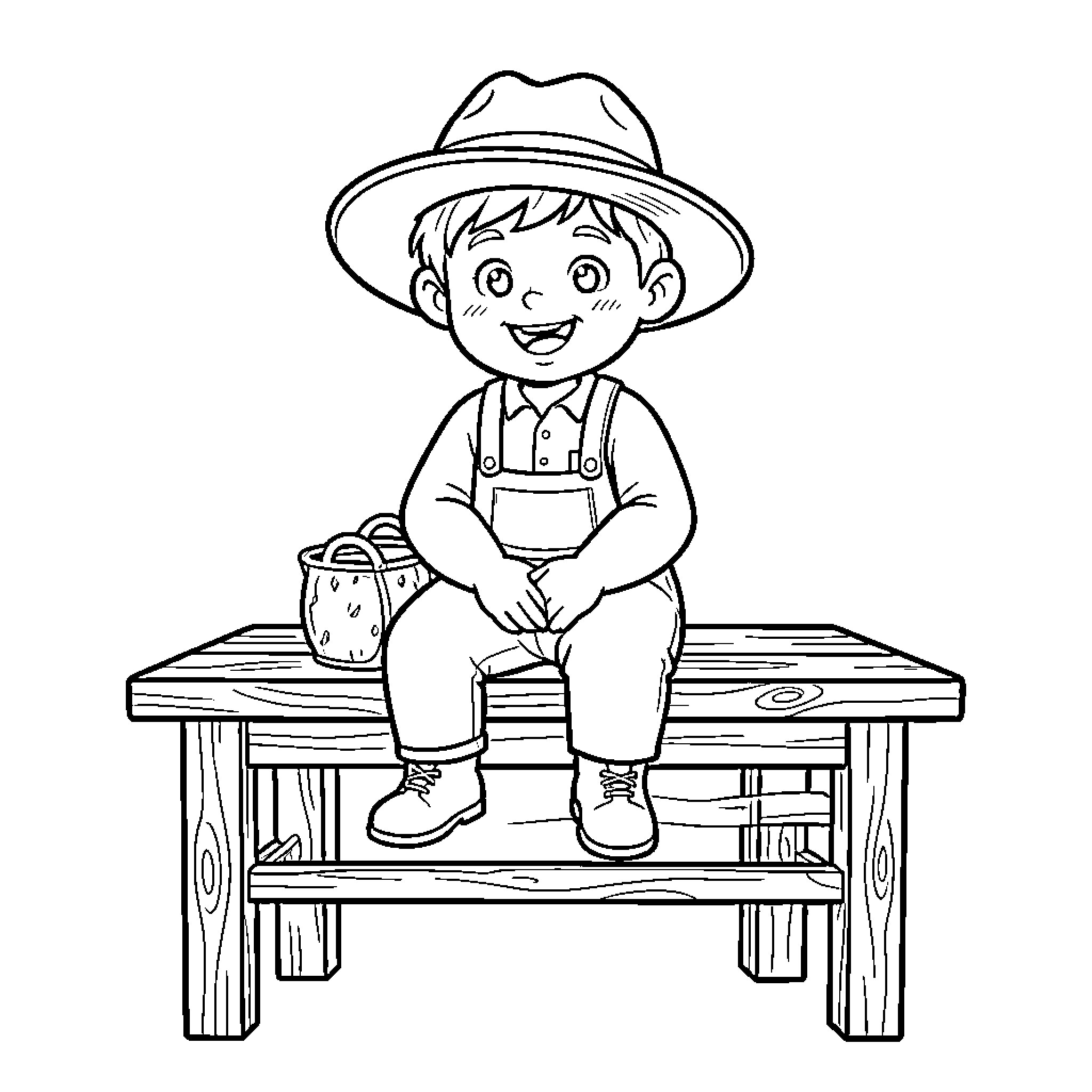 Niño sitting happily on a wooden bench Coloring Page (free black-and-white line drawing printable PDF for all, from beginners to advanced learners, including children, teens, adults, and seniors)