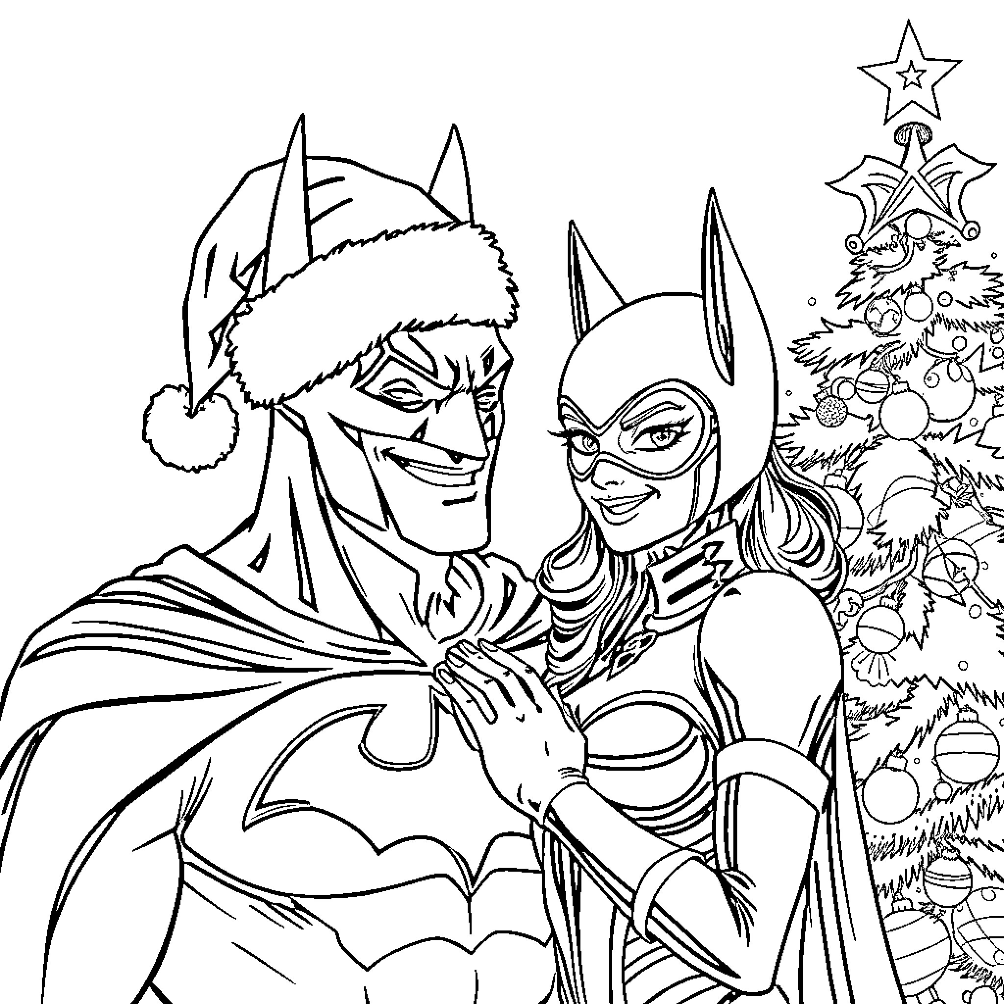 Batman and Batgirl Celebrate the Holidays Coloring Page (free black-and-white line drawing printable PDF for all, from beginners to advanced learners, including children, teens, adults, and seniors)