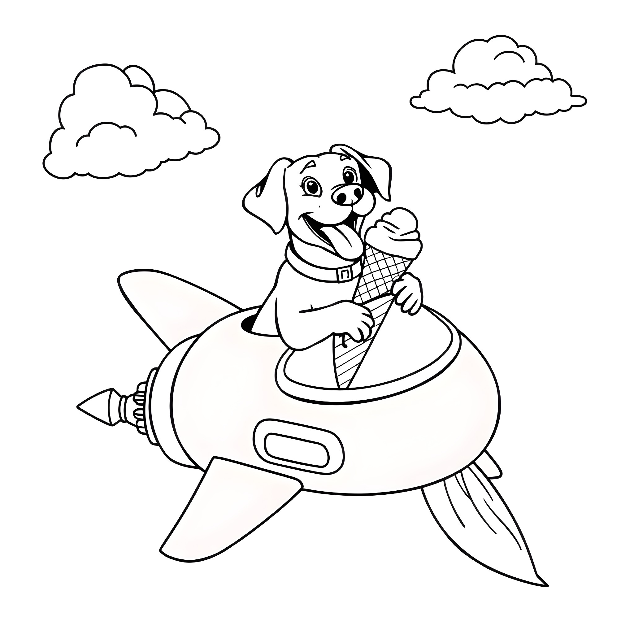 Dog flying an adorable spaceship Coloring Page (free black-and-white line drawing printable PDF for all, from beginners to advanced learners, including children, teens, adults, and seniors)