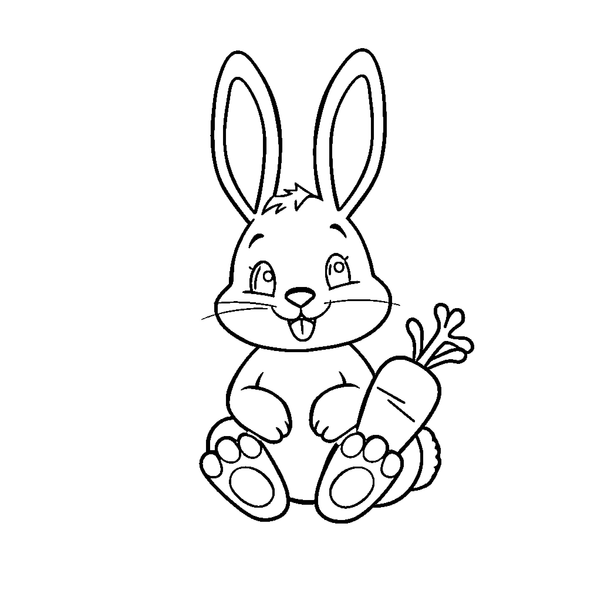 Bunny holding a carrot and smiling Coloring Page (free black-and-white line drawing printable PDF for all, from beginners to advanced learners, including children, teens, adults, and seniors)