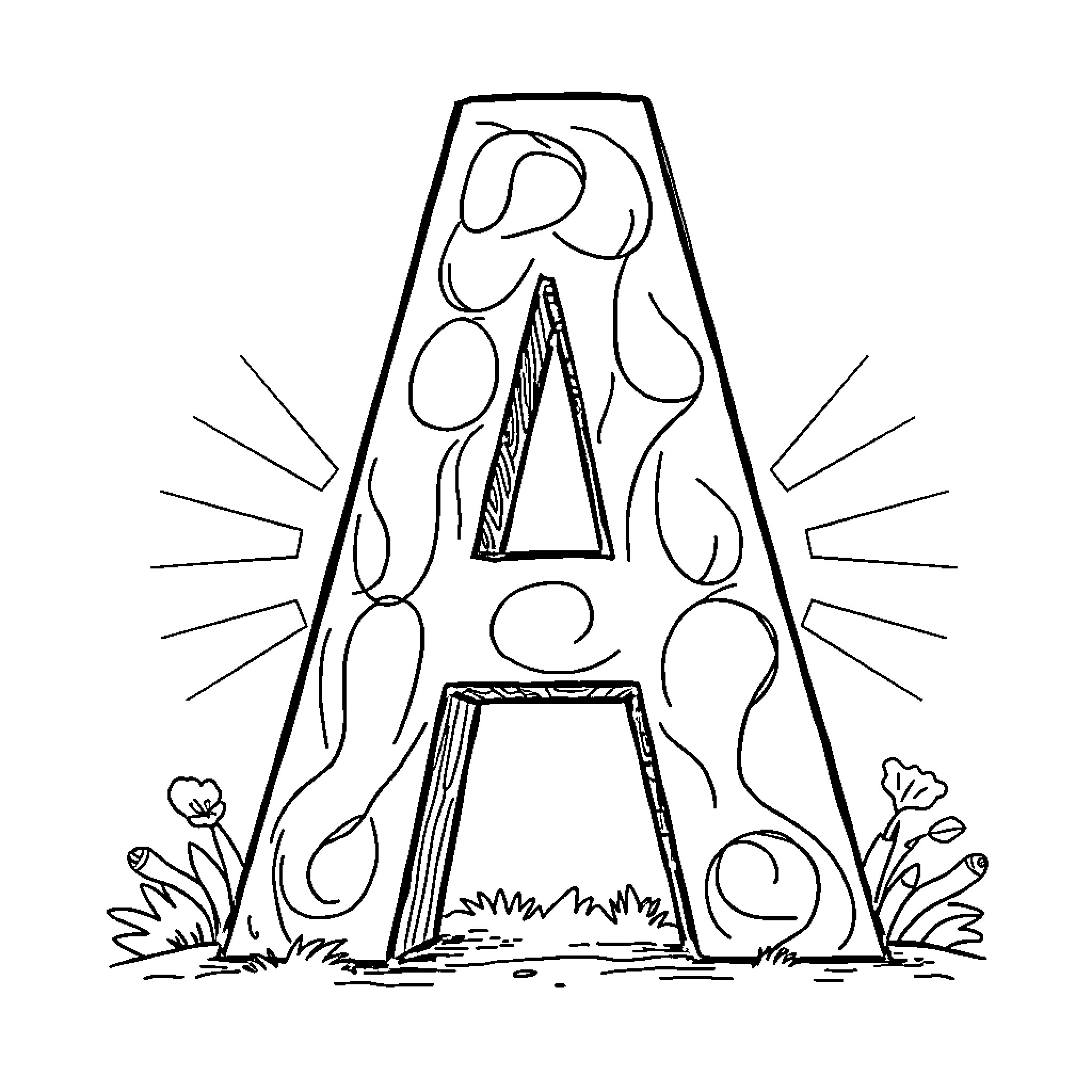 A Stylized Letter A with Nature Elements Coloring Page (free black-and-white line drawing printable PDF for all, from beginners to advanced learners, including children, teens, adults, and seniors)
