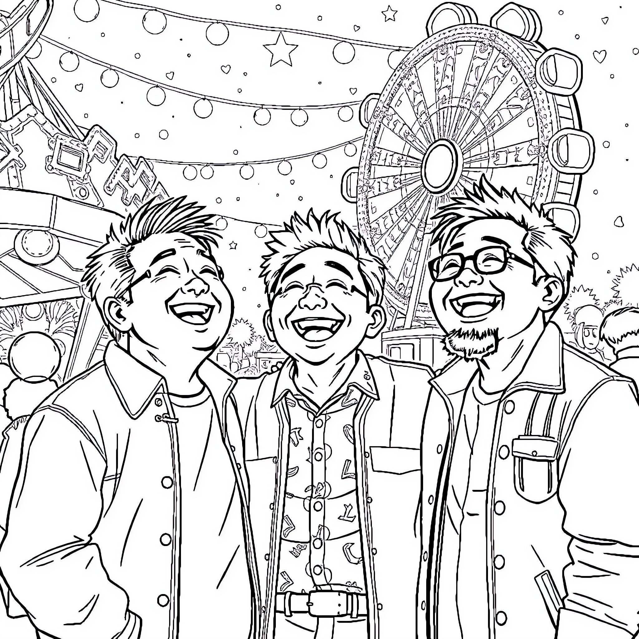 Takemichi and friends at the amusement park Coloring Page (free black-and-white line drawing printable PDF for all, from beginners to advanced learners, including children, teens, adults, and seniors)