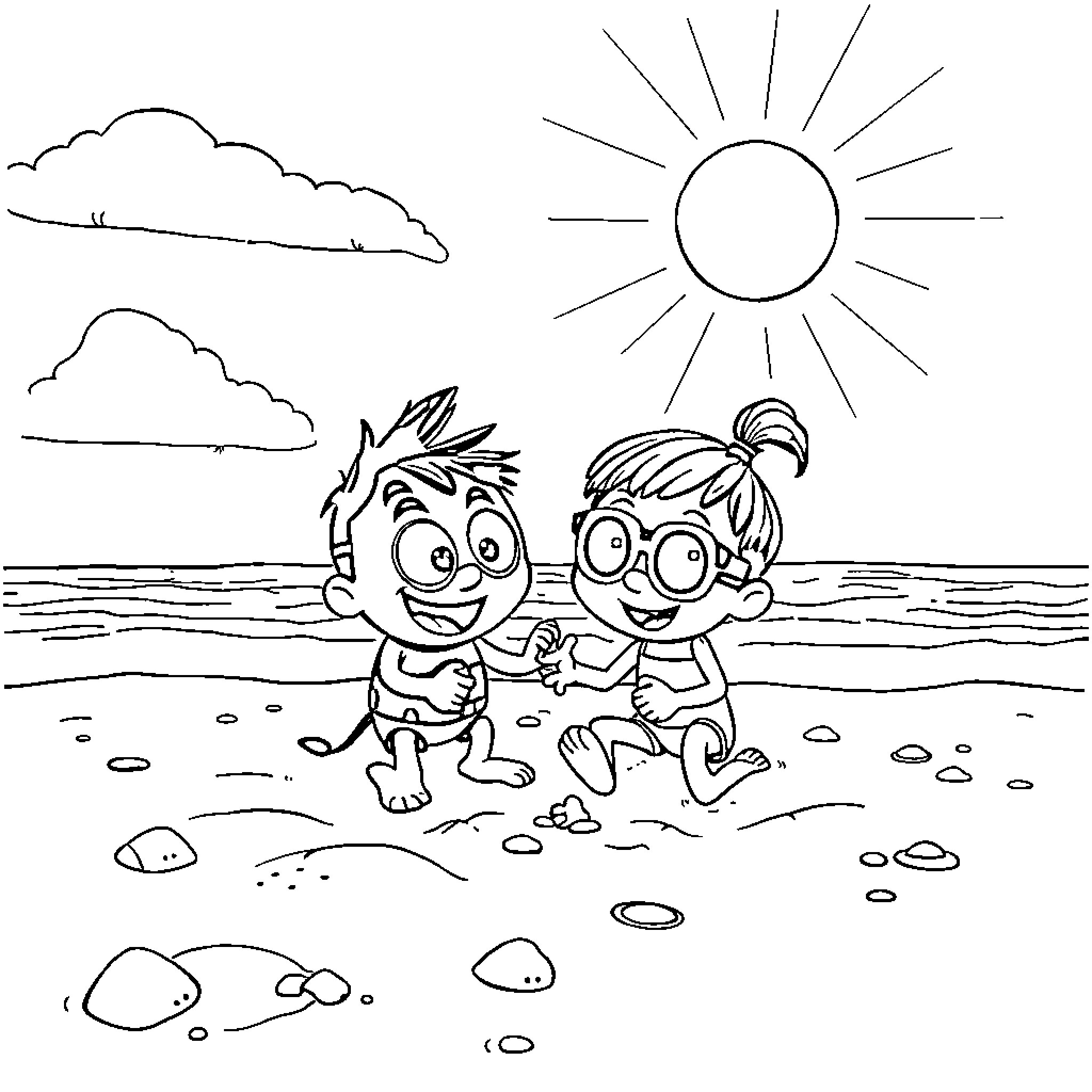 Goob's fun day at the beach Coloring Page (free black-and-white line drawing printable PDF for all, from beginners to advanced learners, including children, teens, adults, and seniors)