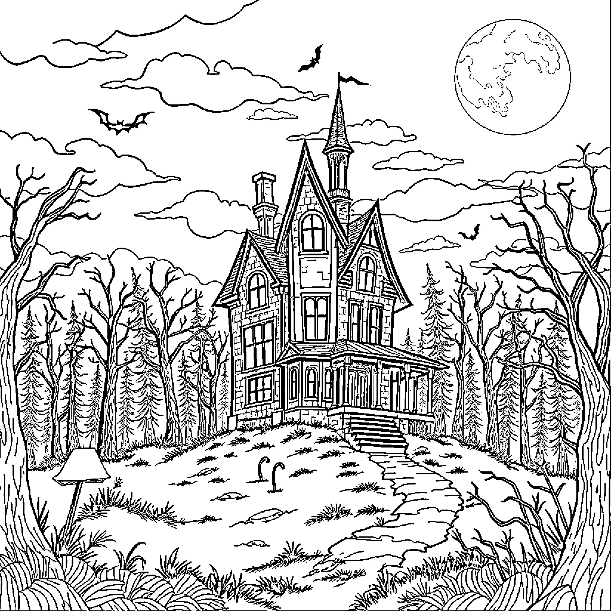 Haunted House on a Spooky Night Coloring Page (free black-and-white line drawing printable PDF for all, from beginners to advanced learners, including children, teens, adults, and seniors)