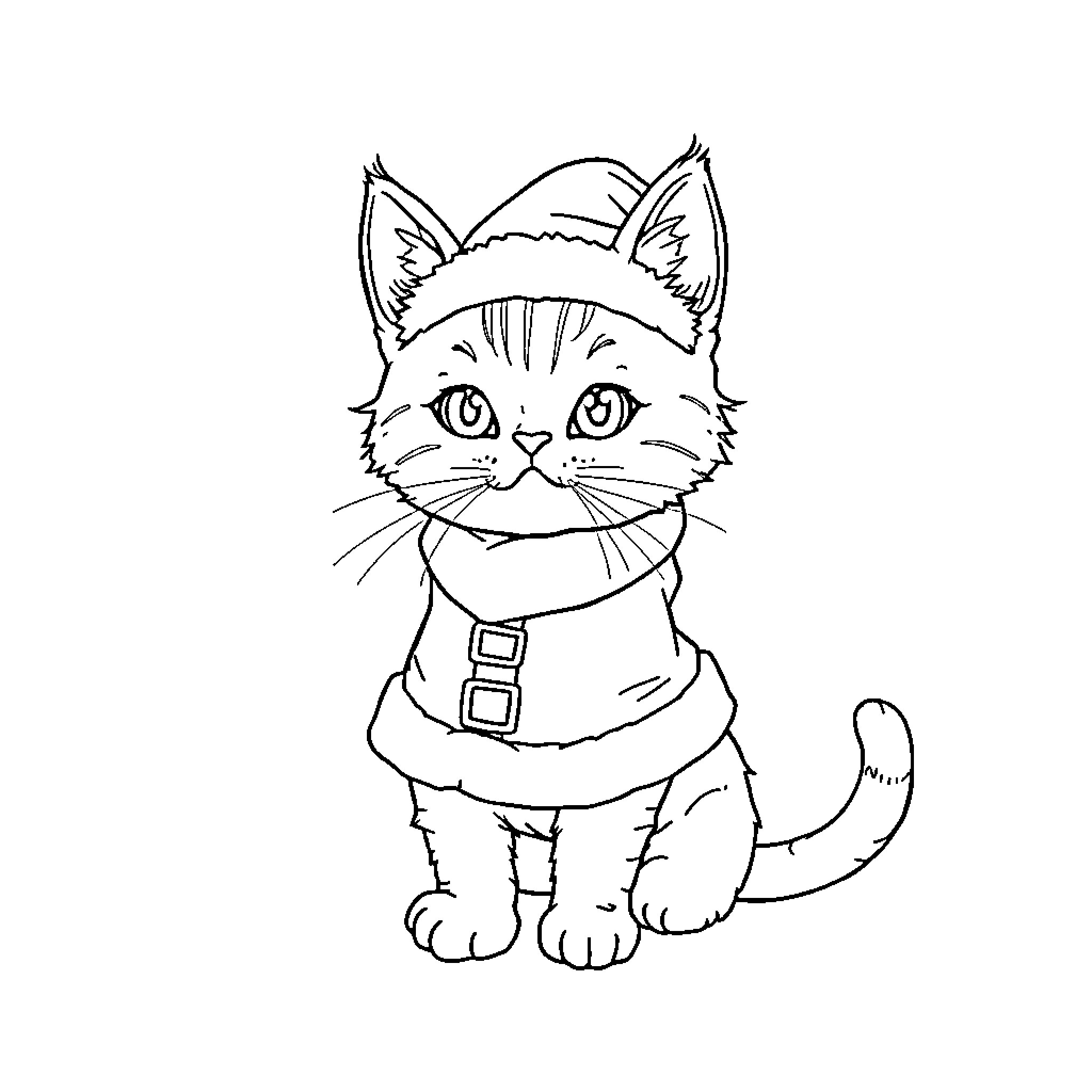 Cat wearing a costume with buckles Coloring Page (free black-and-white line drawing printable PDF for all, from beginners to advanced learners, including children, teens, adults, and seniors)