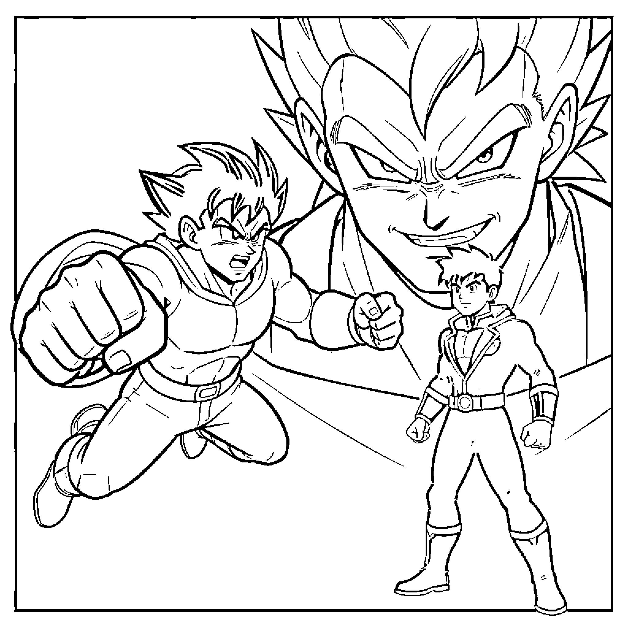 Vegeta looming over fighting characters in an intense scene Coloring Page (free black-and-white line drawing printable PDF for all, from beginners to advanced learners, including children, teens, adults, and seniors)