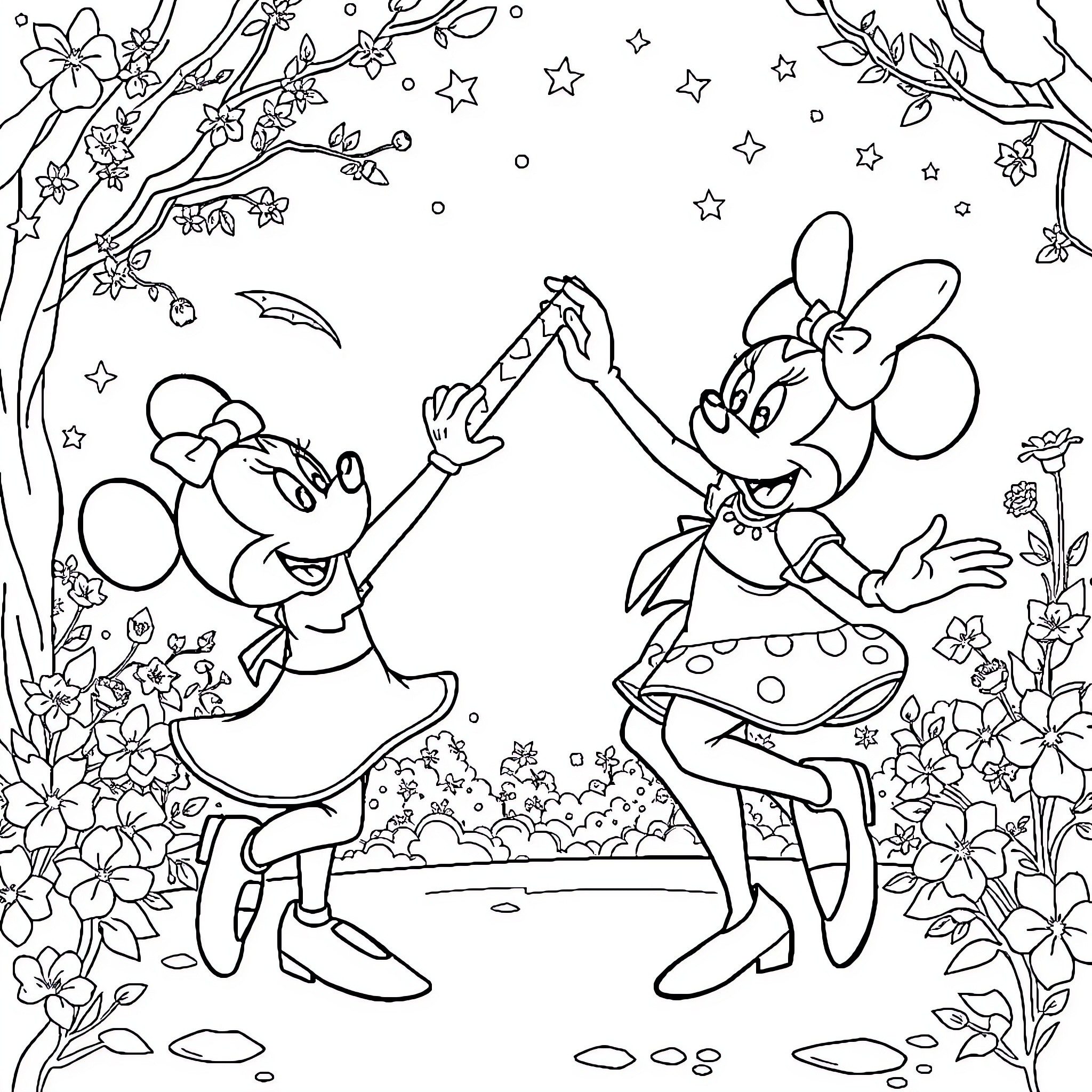 Peter Pan and Minnie Mouse dancing under the stars Coloring Page (free black-and-white line drawing printable PDF for all, from beginners to advanced learners, including children, teens, adults, and seniors)