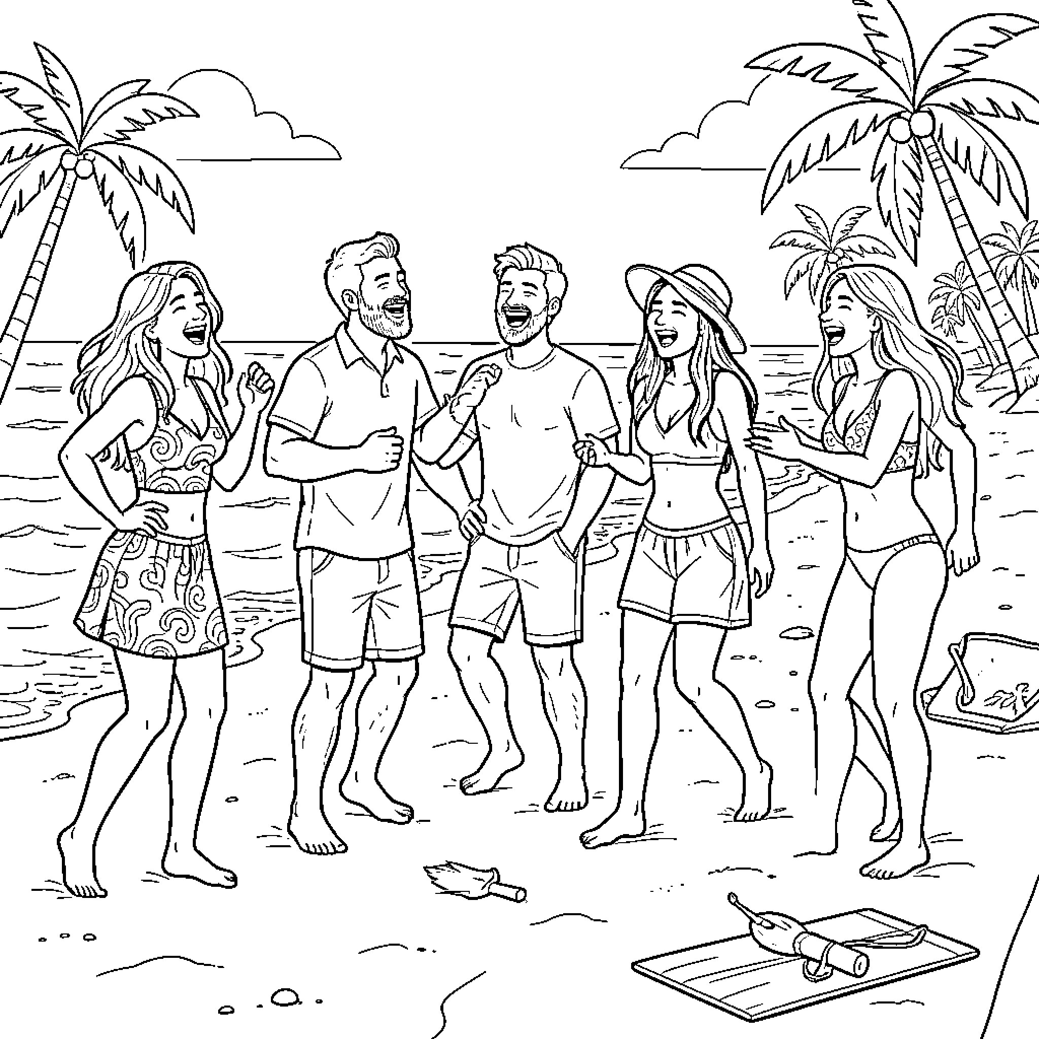 Beach friends enjoying summer fun Coloring Page (free black-and-white line drawing printable PDF for all, from beginners to advanced learners, including children, teens, adults, and seniors)