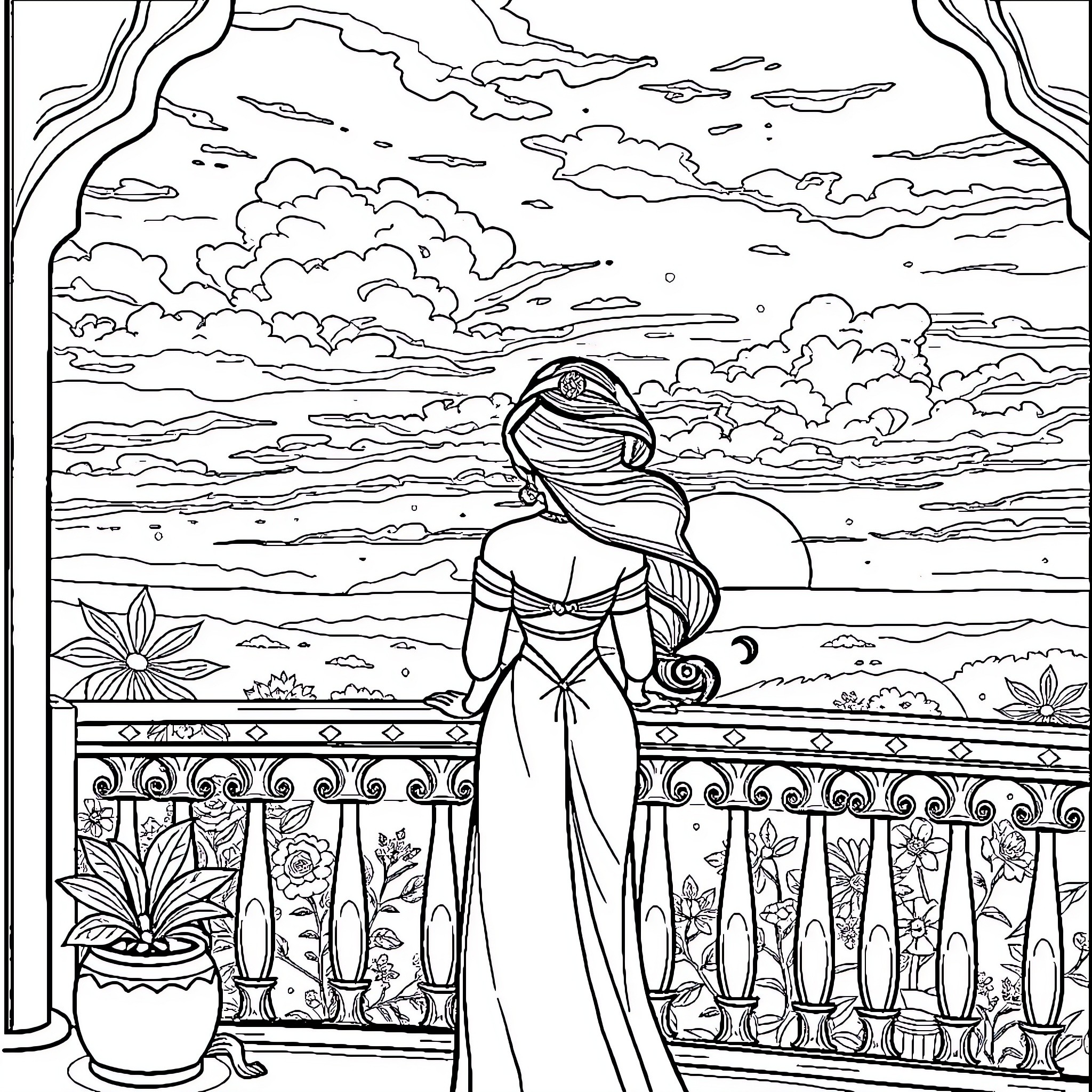 Jasmine gazing at the enchanting sunset over the palace gardens Coloring Page (free black-and-white line drawing printable PDF for all, from beginners to advanced learners, including children, teens, adults, and seniors)