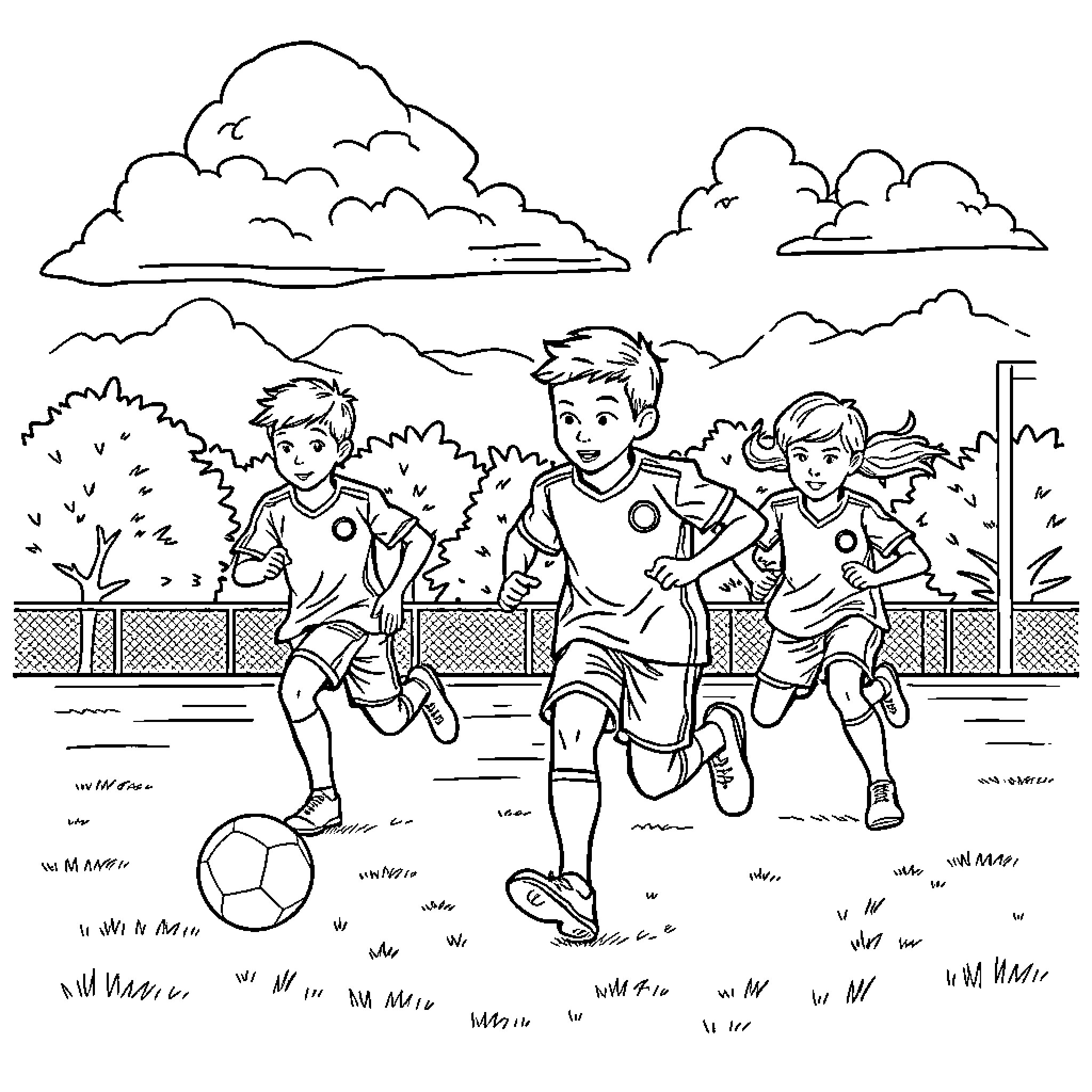 Soccer players engaged in friendly match on field Coloring Page (free black-and-white line drawing printable PDF for all, from beginners to advanced learners, including children, teens, adults, and seniors)