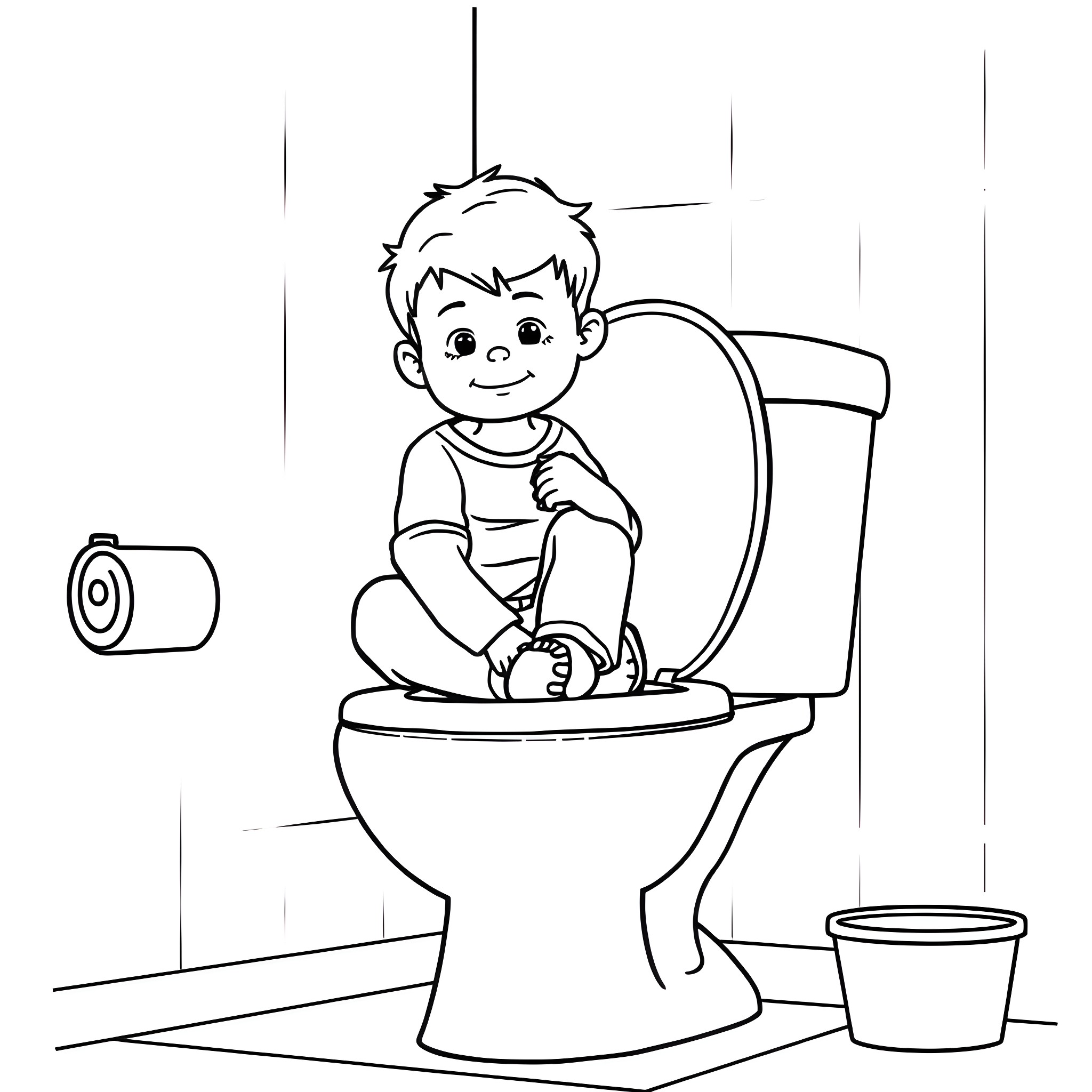 Brother Using the Toilet Coloring Page (free black-and-white line drawing printable PDF for all, from beginners to advanced learners, including children, teens, adults, and seniors)