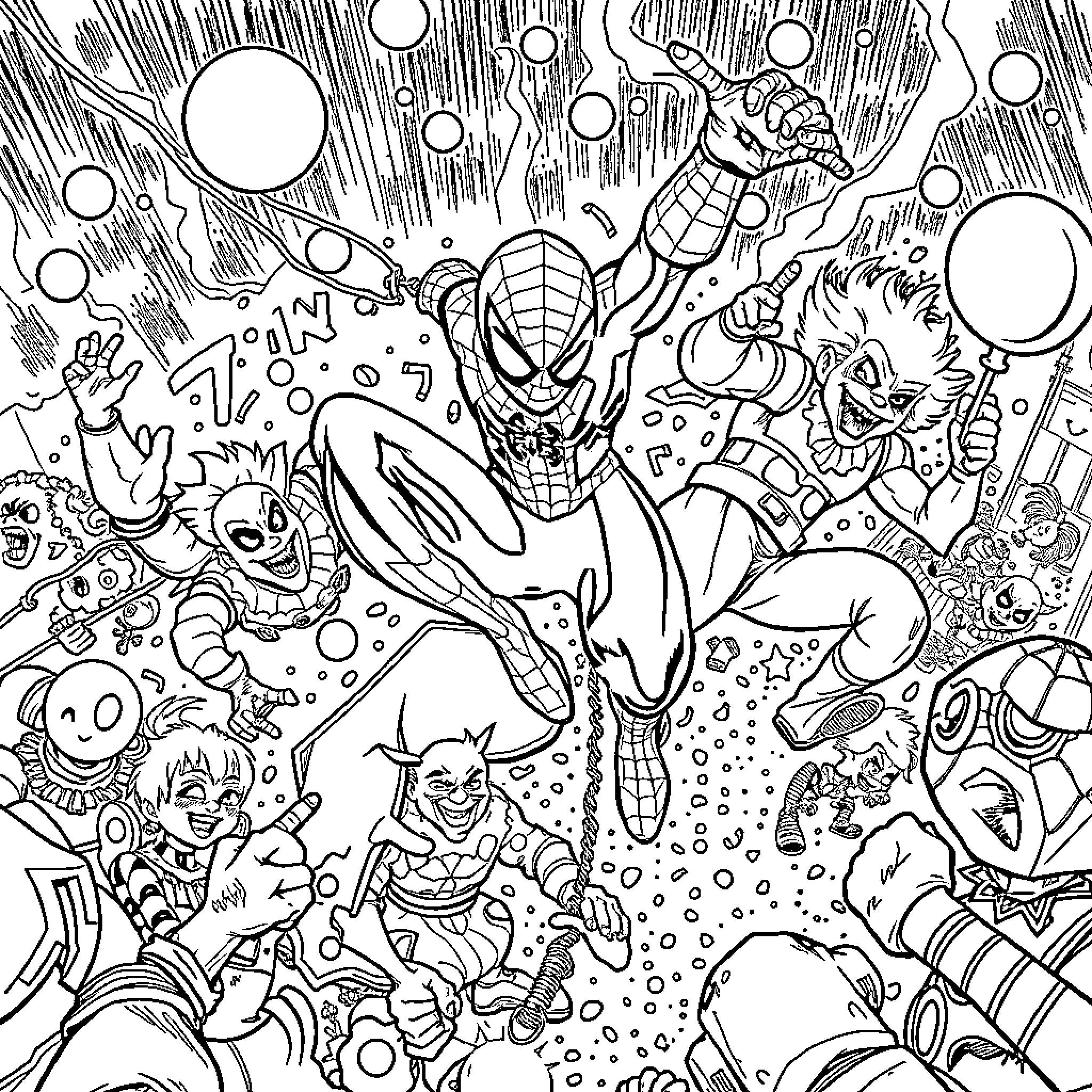Spidey's Chaotic Adventure with Supervillain Comrades Coloring Page (free black-and-white line drawing printable PDF for all, from beginners to advanced learners, including children, teens, adults, and seniors)