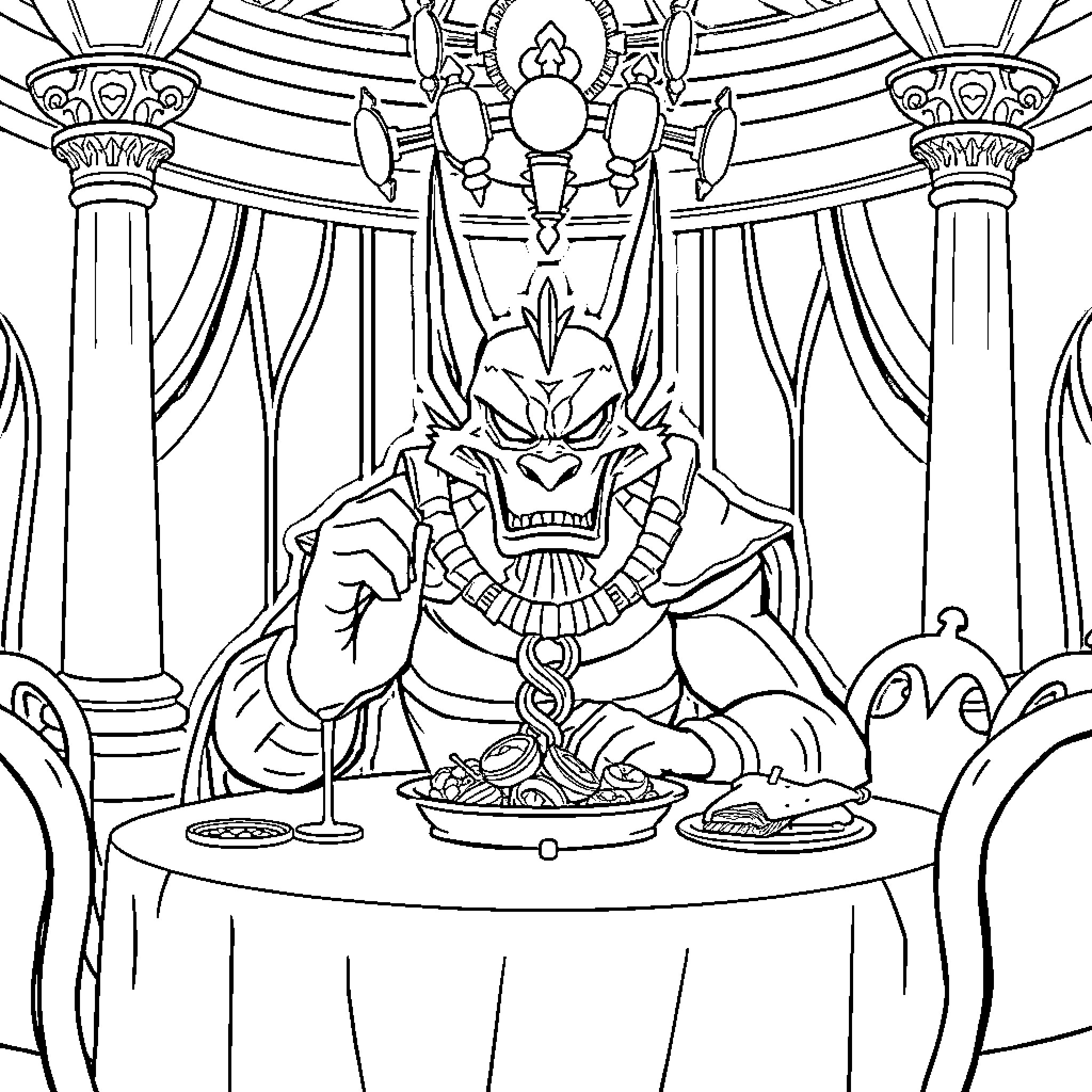 Beerus enjoying a lavish meal in an ornate chamber Coloring Page (free black-and-white line drawing printable PDF for all, from beginners to advanced learners, including children, teens, adults, and seniors)