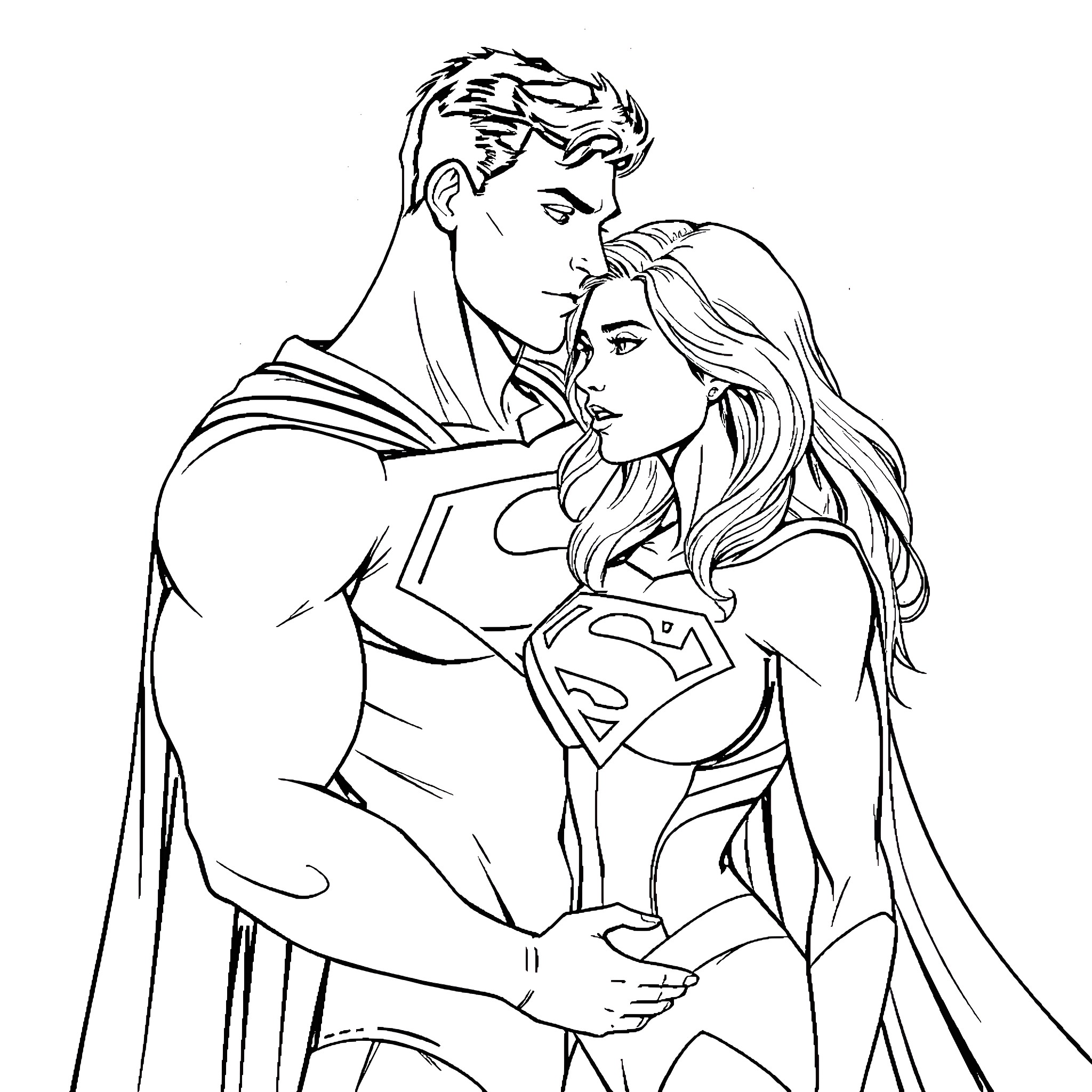 Superman embraces female superhero in affectionate pose Coloring Page (free black-and-white line drawing printable PDF for all, from beginners to advanced learners, including children, teens, adults, and seniors)