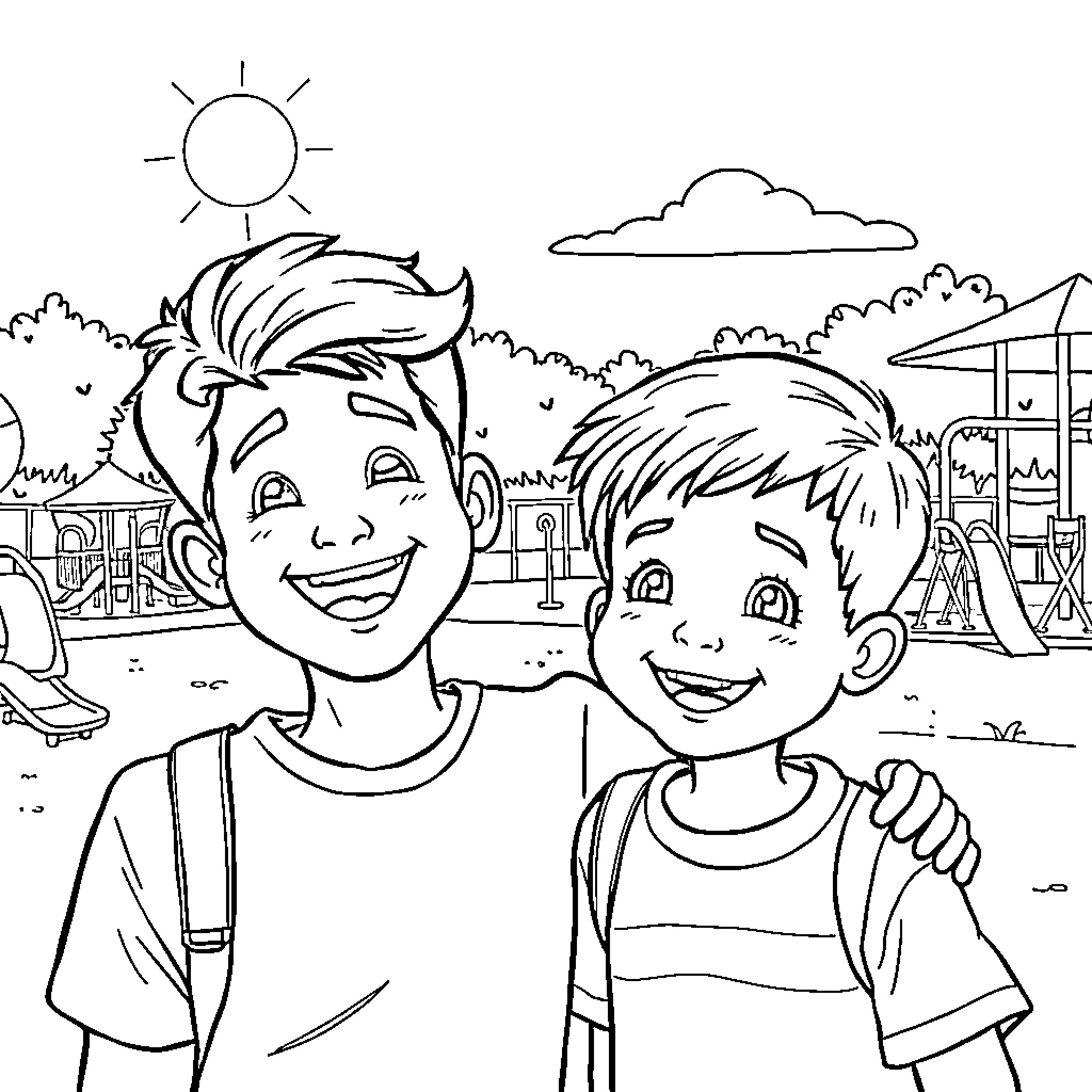 Lamine Yamal and Friend Enjoying Playground Coloring Page (free black-and-white line drawing printable PDF for all, from beginners to advanced learners, including children, teens, adults, and seniors)