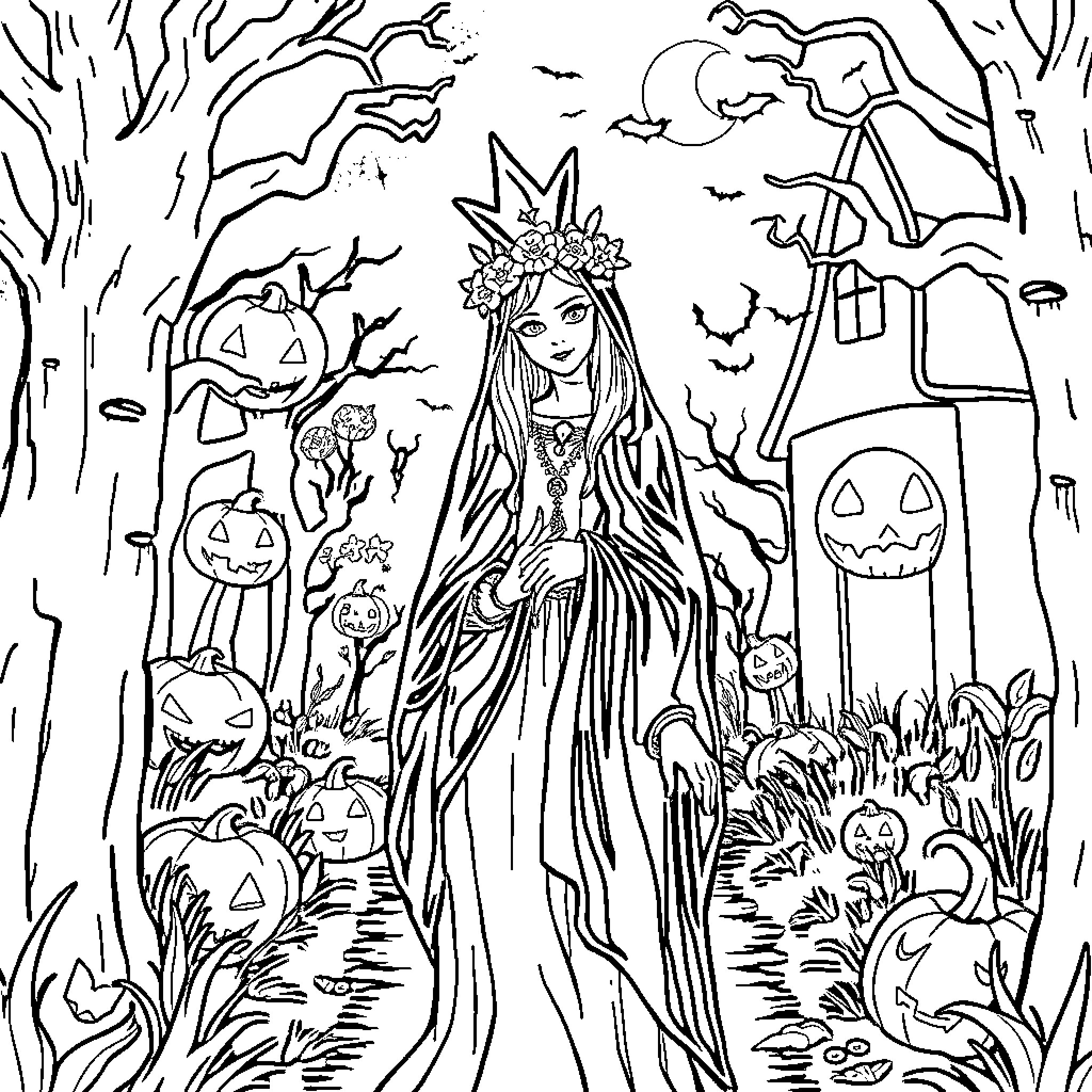 Catharina's Halloween Celebration in the Enchanted Forest Coloring Page (free black-and-white line drawing printable PDF for all, from beginners to advanced learners, including children, teens, adults, and seniors)