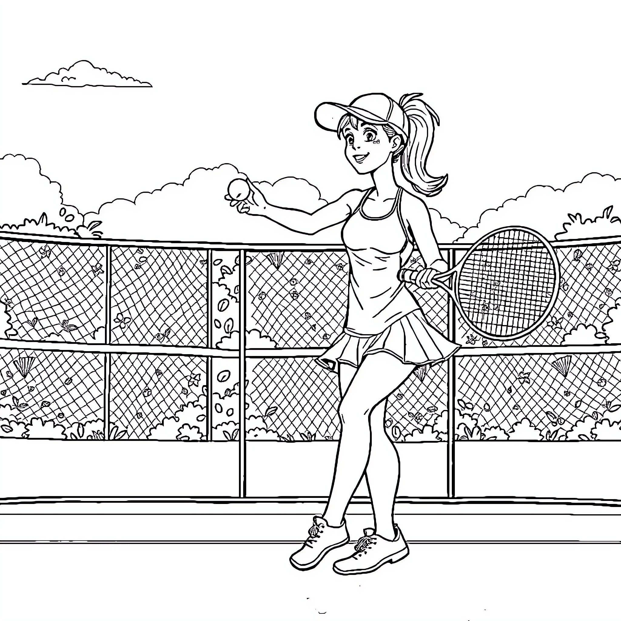 Girl playing tennis on the court Coloring Page (free black-and-white line drawing printable PDF for all, from beginners to advanced learners, including children, teens, adults, and seniors)