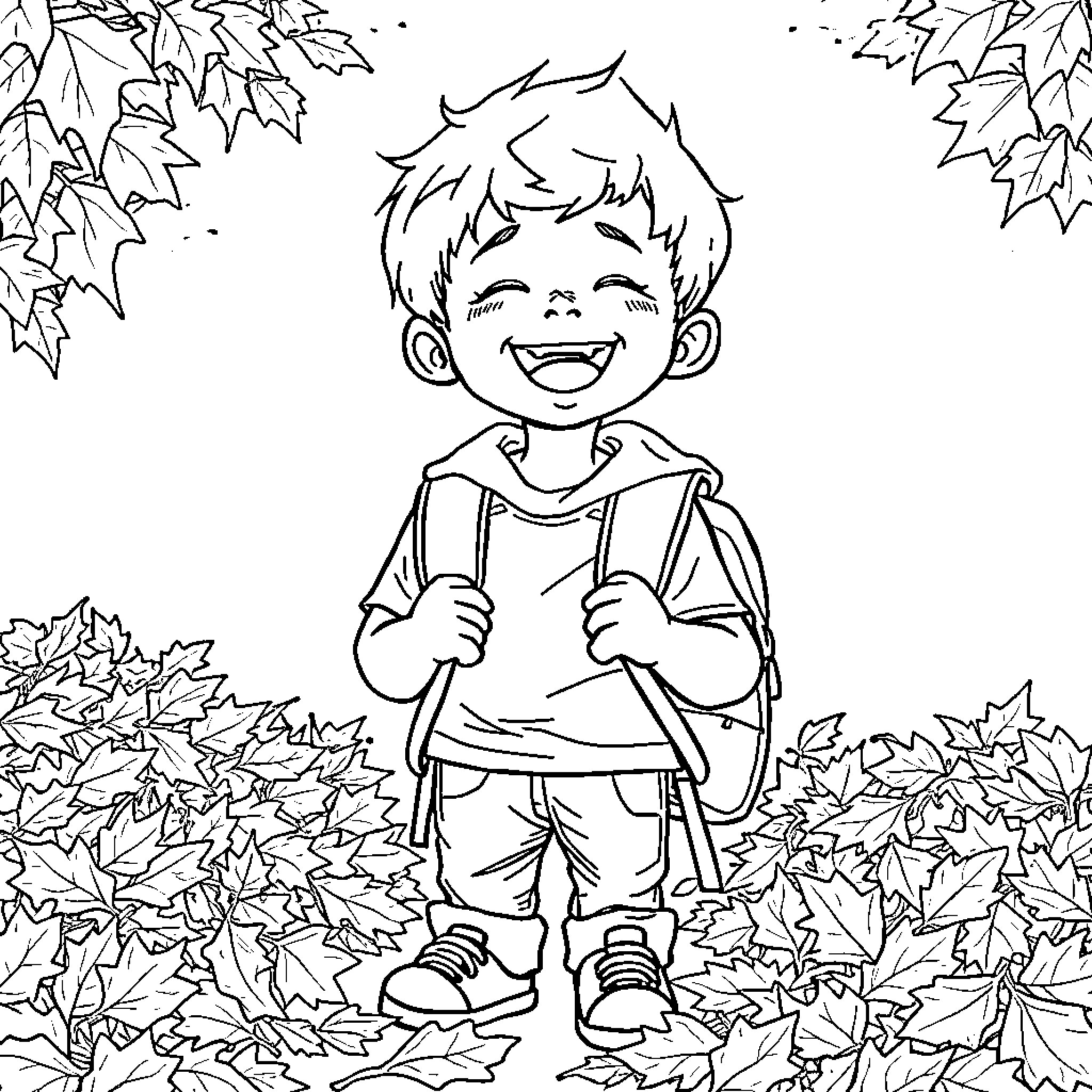 Boy happily walking through fallen autumn leaves Coloring Page (free black-and-white line drawing printable PDF for all, from beginners to advanced learners, including children, teens, adults, and seniors)