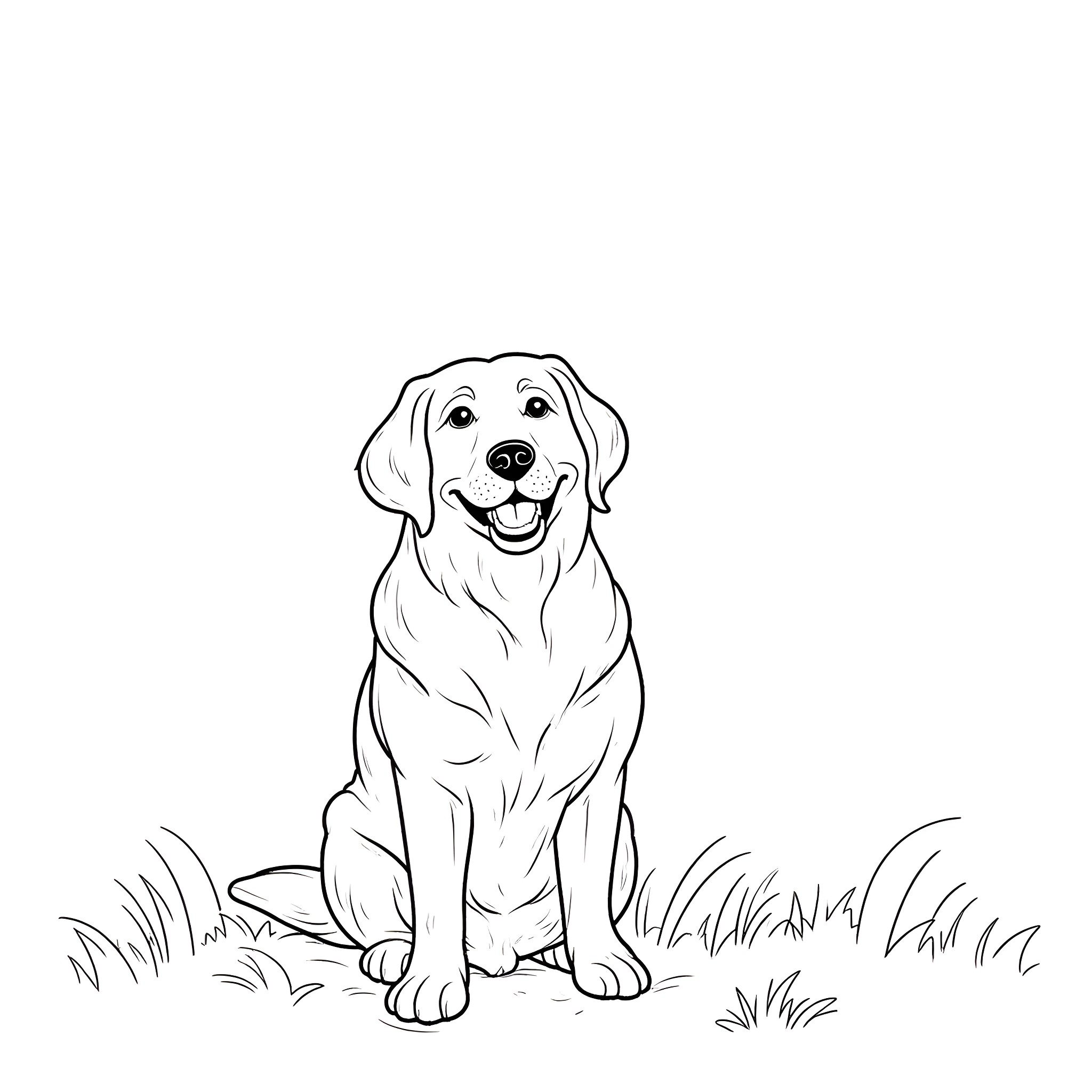 Labrador sitting happily in the grass Coloring Page (free black-and-white line drawing printable PDF for all, from beginners to advanced learners, including children, teens, adults, and seniors)