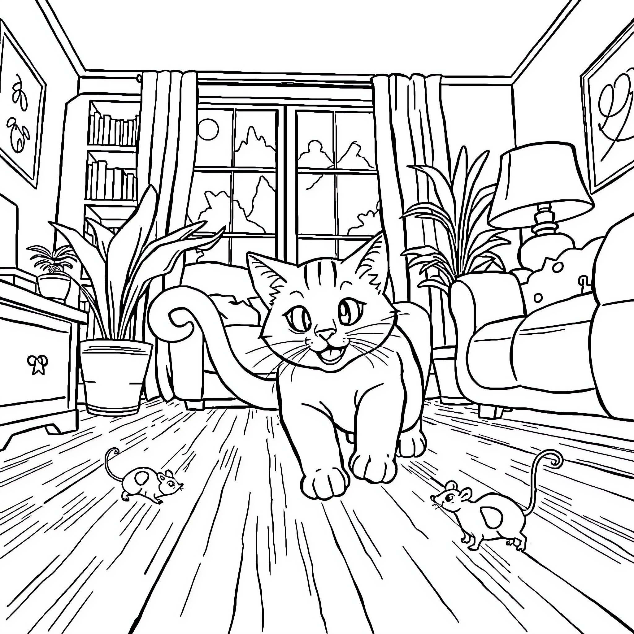 Cat playing with mice in a cozy room Coloring Page (free black-and-white line drawing printable PDF for all, from beginners to advanced learners, including children, teens, adults, and seniors)