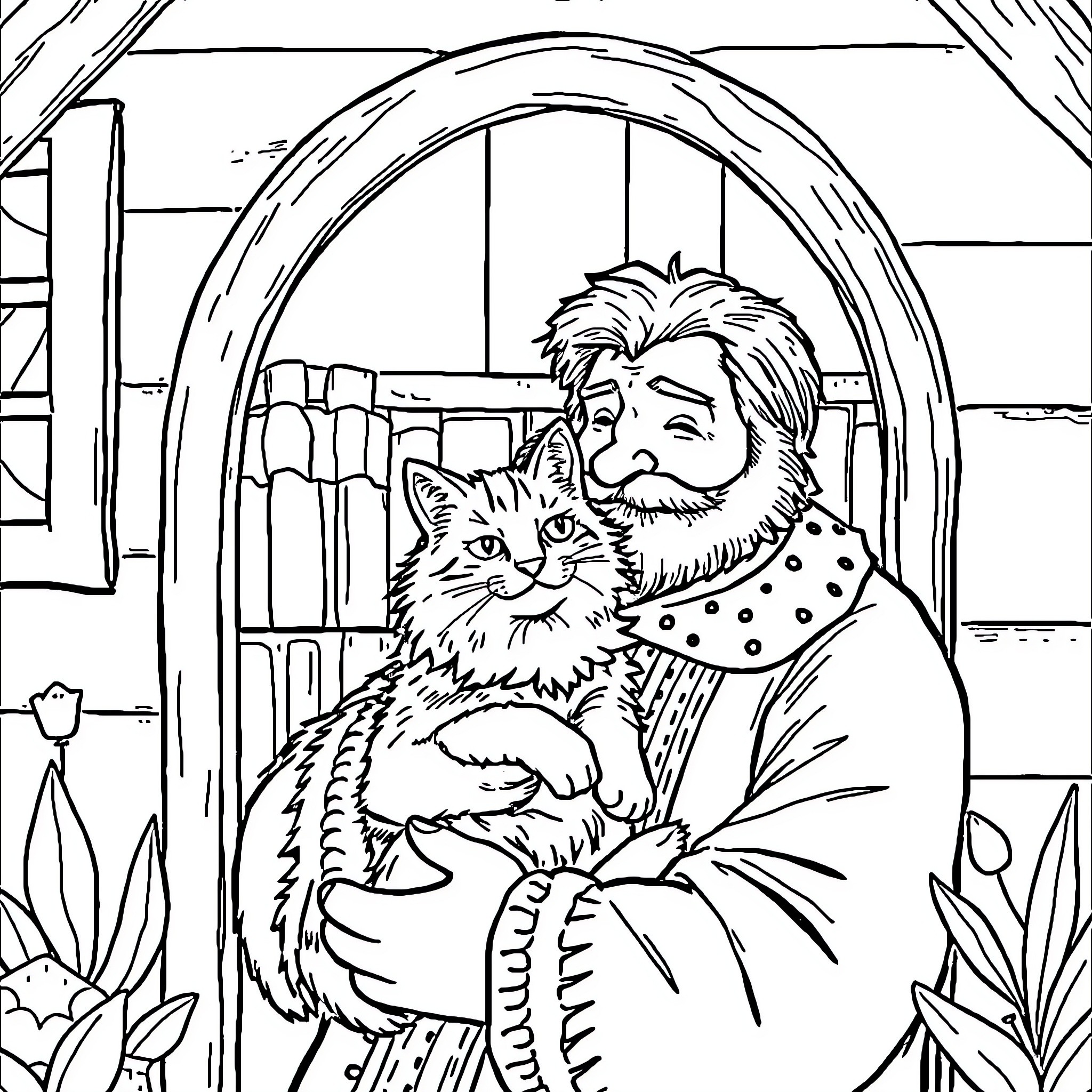 Luther von Ivory snuggling a content cat in a cozy home Coloring Page (free black-and-white line drawing printable PDF for all, from beginners to advanced learners, including children, teens, adults, and seniors)