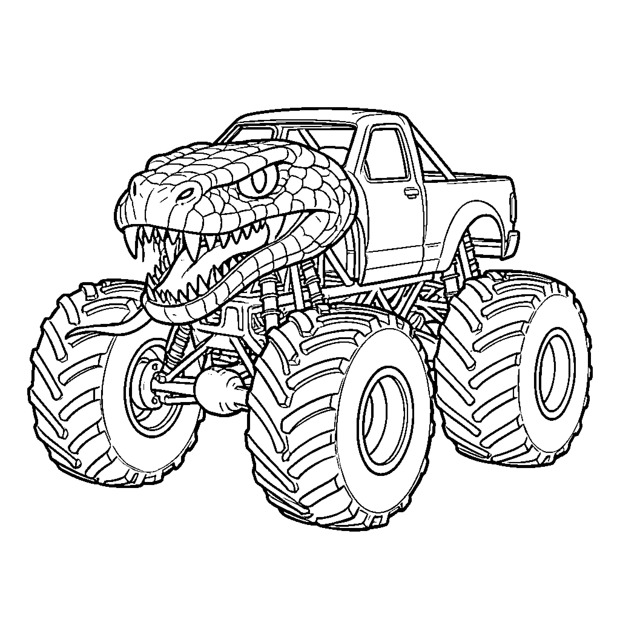 Monstertruck with a fierce snake head design Coloring Page (free black-and-white line drawing printable PDF for all, from beginners to advanced learners, including children, teens, adults, and seniors)