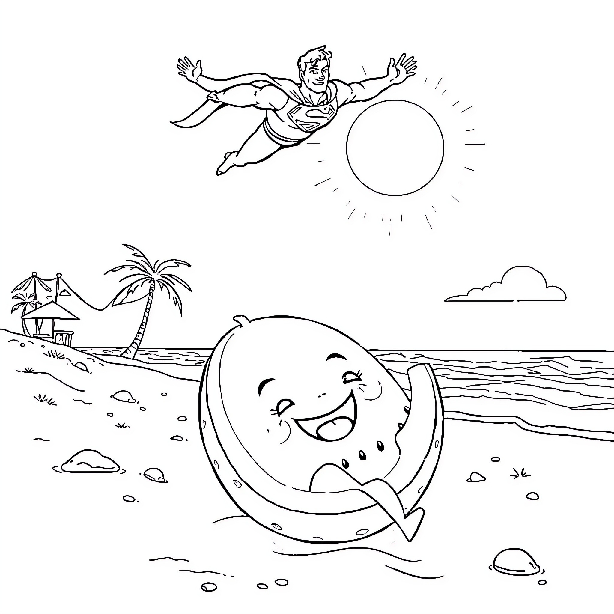 Superman soaring over a tropical beach scene Coloring Page (free black-and-white line drawing printable PDF for all, from beginners to advanced learners, including children, teens, adults, and seniors)
