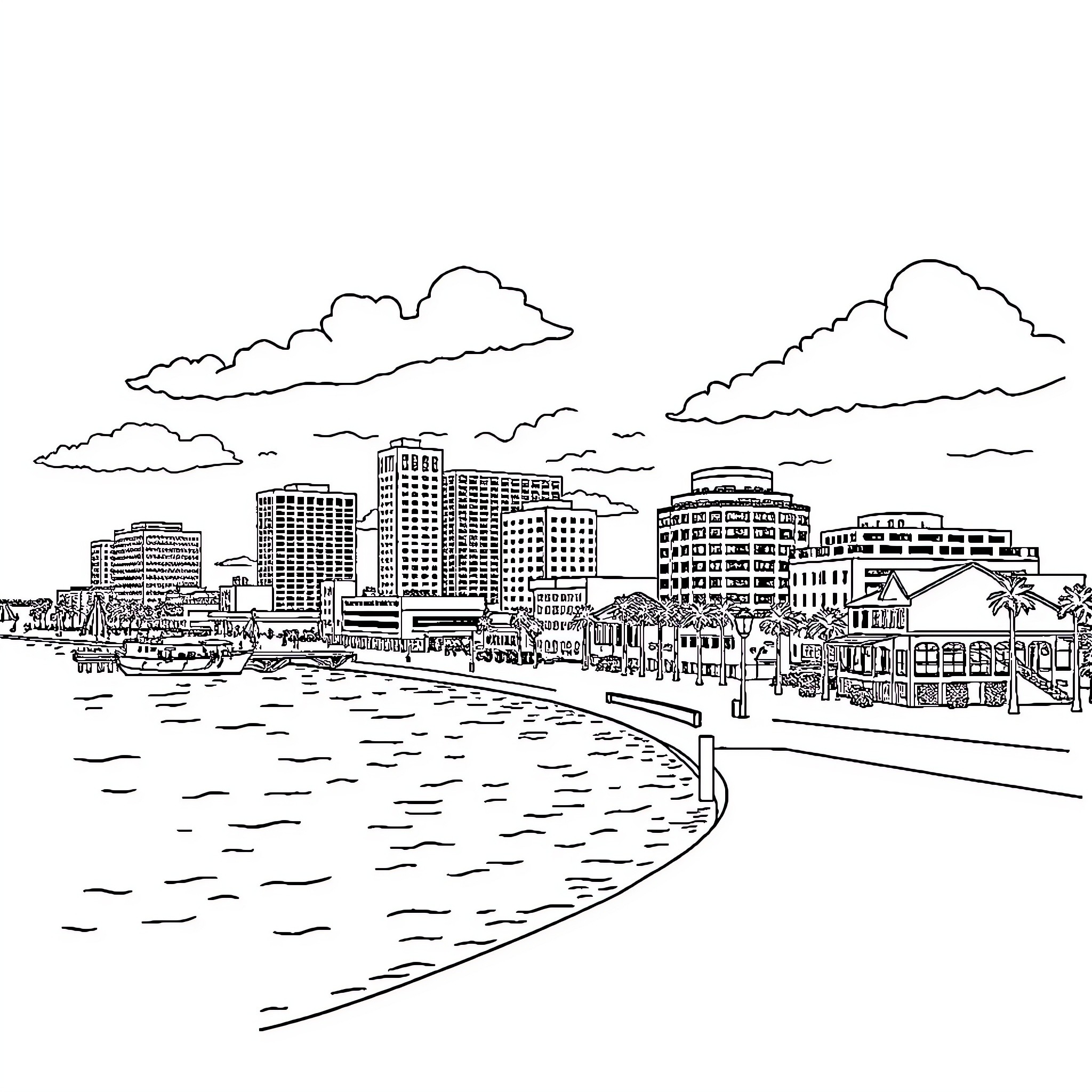Corpus Christi cityscape with beachfront Coloring Page (free black-and-white line drawing printable PDF for all, from beginners to advanced learners, including children, teens, adults, and seniors)