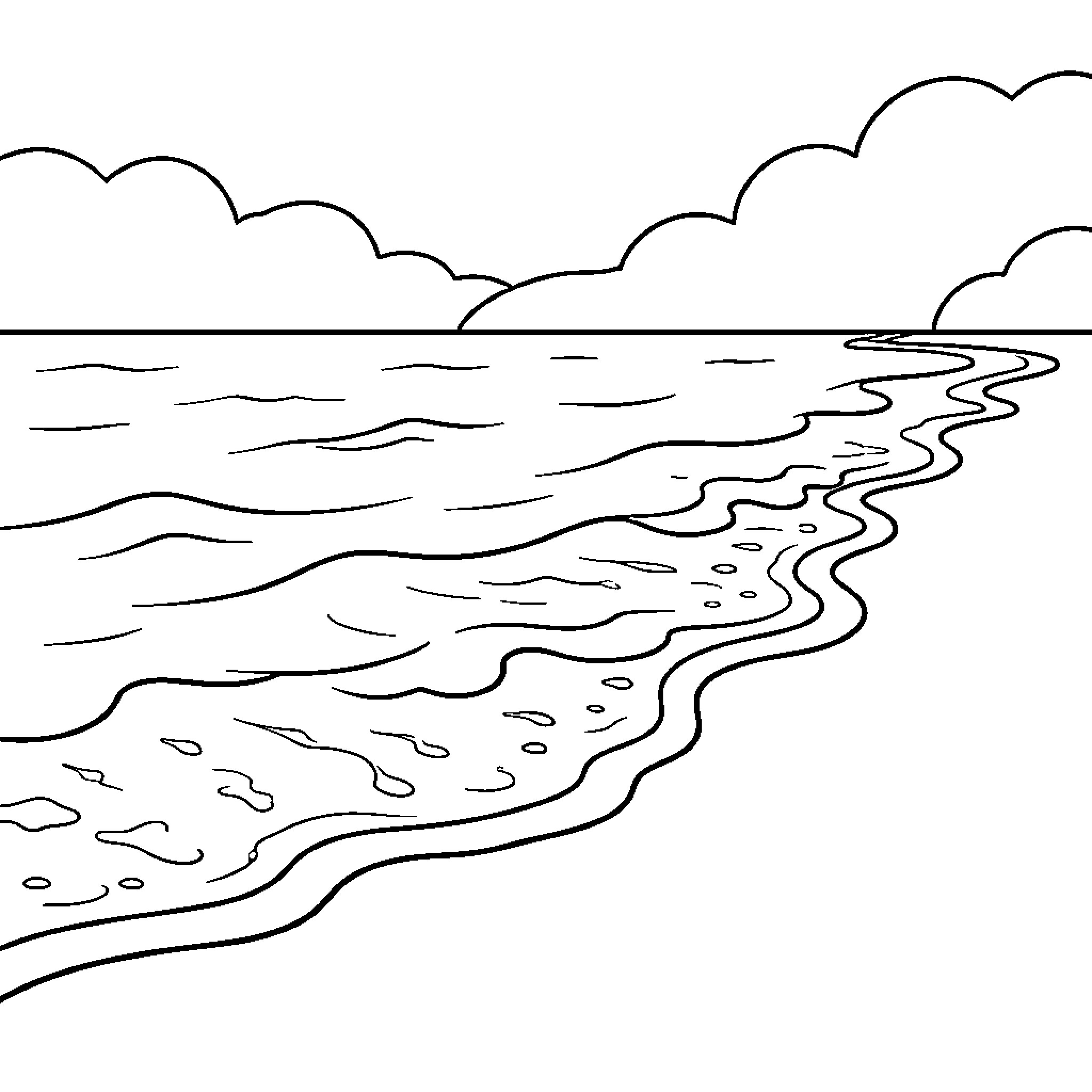 Seaside waves gently washing onto the sandy shore Coloring Page (free black-and-white line drawing printable PDF for all, from beginners to advanced learners, including children, teens, adults, and seniors)