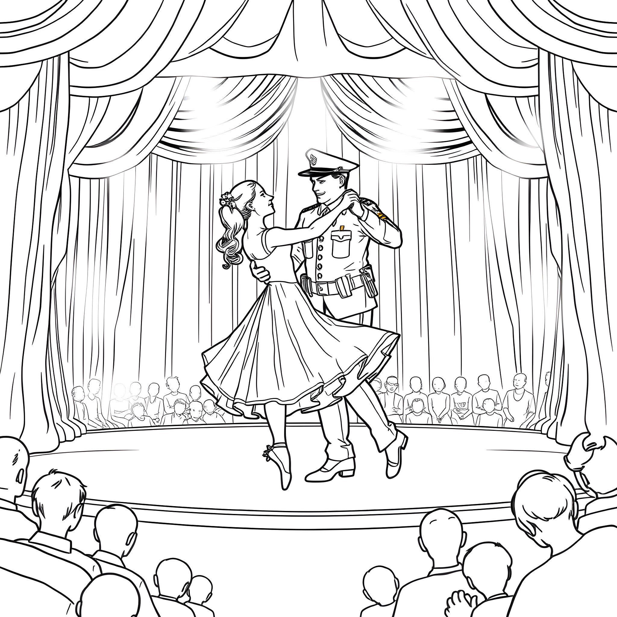 Policeman dancing with a woman on stage Coloring Page (free black-and-white line drawing printable PDF for all, from beginners to advanced learners, including children, teens, adults, and seniors)