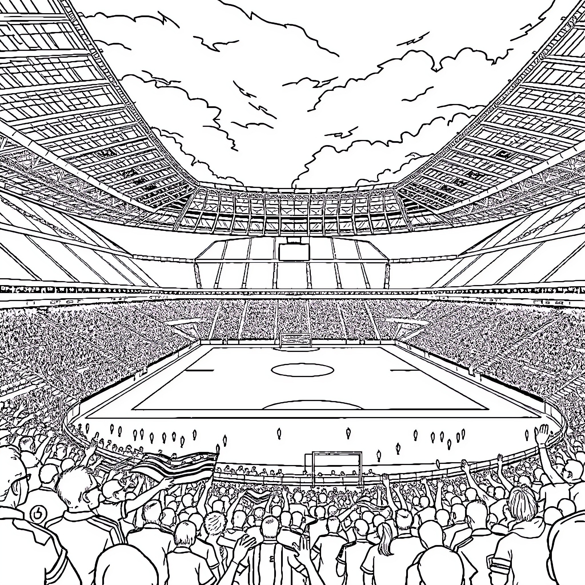 Estadio da Luz: Grand Soccer Stadium Filled with Excited Fans Coloring Page (free black-and-white line drawing printable PDF for all, from beginners to advanced learners, including children, teens, adults, and seniors)