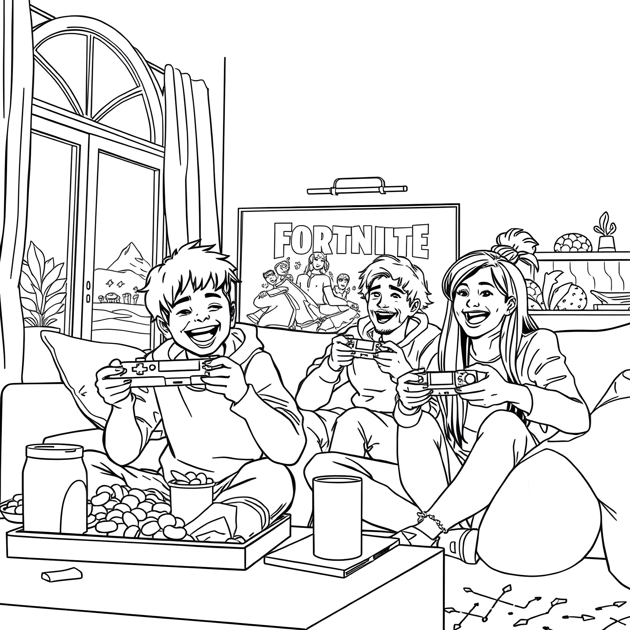 Boy playing video game with friends at home Coloring Page (free black-and-white line drawing printable PDF for all, from beginners to advanced learners, including children, teens, adults, and seniors)