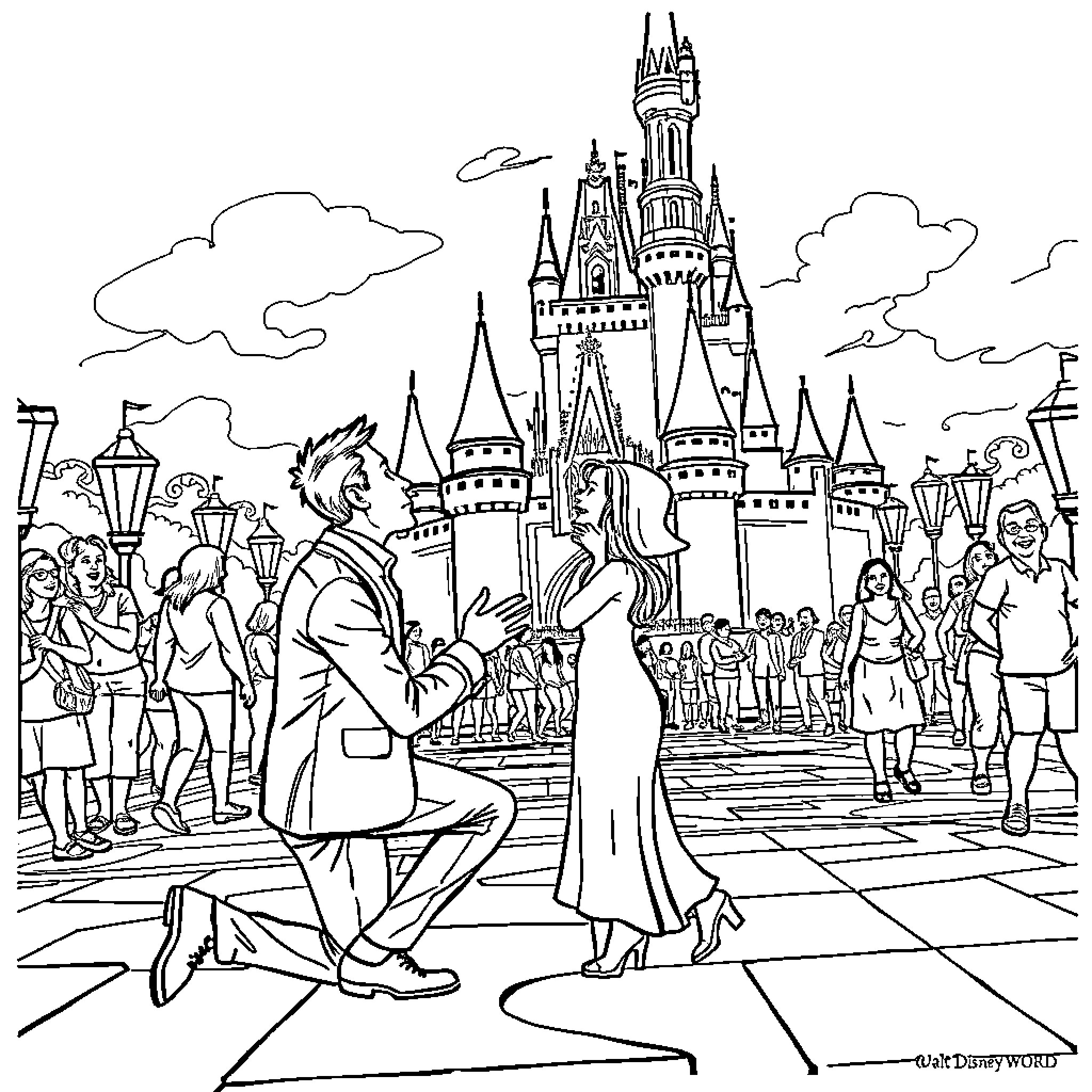 Proposal in a Magical Kingdom Coloring Page (free black-and-white line drawing printable PDF for all, from beginners to advanced learners, including children, teens, adults, and seniors)