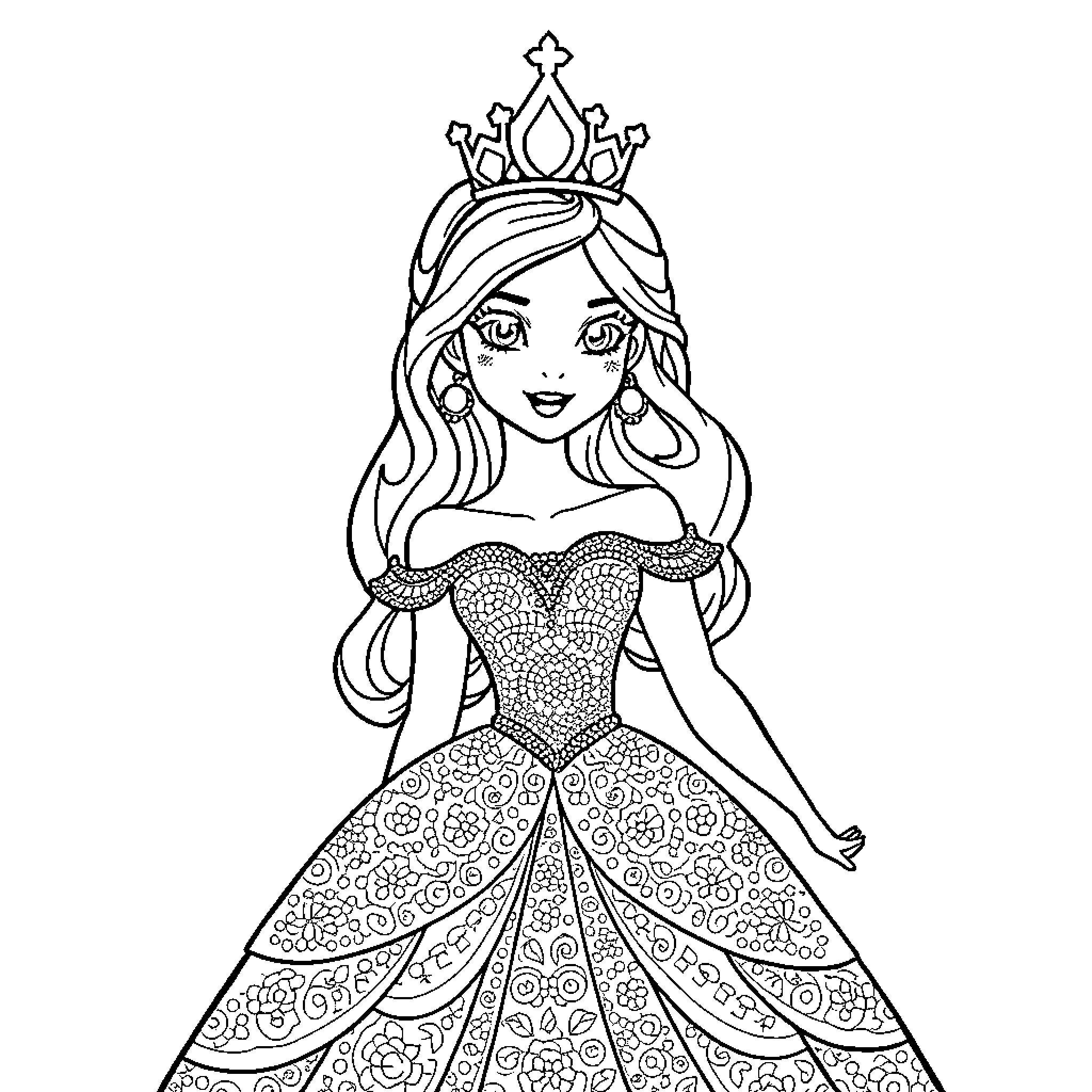 Princess in Elegant Gown and Crown Coloring Page (free black-and-white line drawing printable PDF for all, from beginners to advanced learners, including children, teens, adults, and seniors)