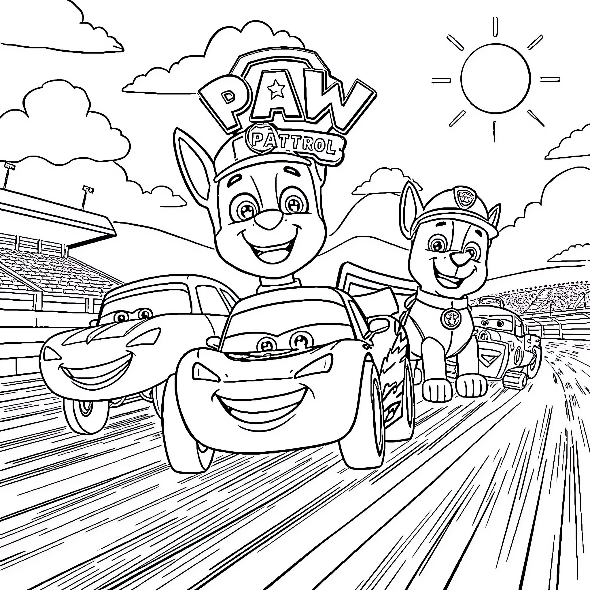Paw Patrol characters on an adventure Coloring Page (free black-and-white line drawing printable PDF for all, from beginners to advanced learners, including children, teens, adults, and seniors)