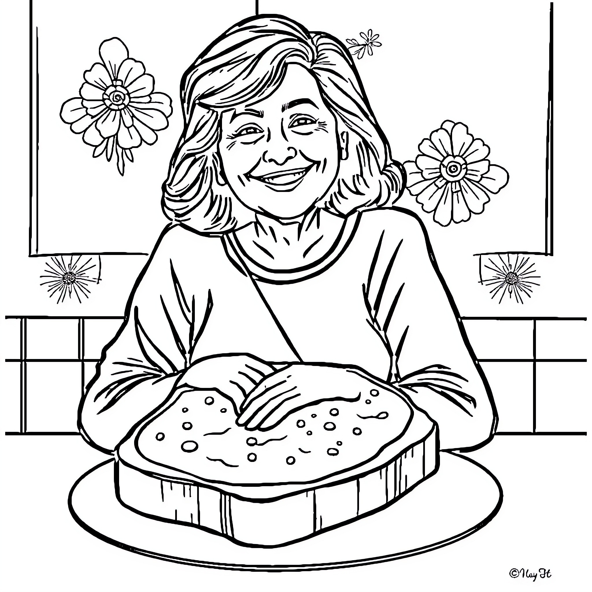 Mother preparing a delicious homemade meal Coloring Page (free black-and-white line drawing printable PDF for all, from beginners to advanced learners, including children, teens, adults, and seniors)