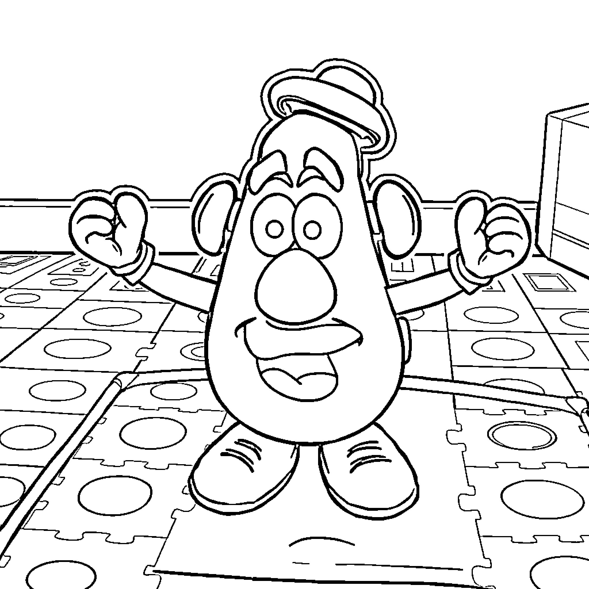 Mr. Potato Head Celebrating Playfully Coloring Page (free black-and-white line drawing printable PDF for all, from beginners to advanced learners, including children, teens, adults, and seniors)