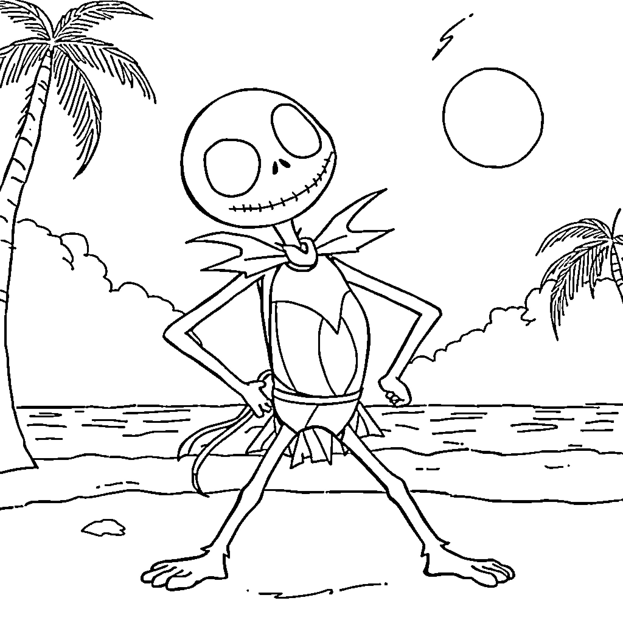 Jack Skellington relaxing on a tropical beach Coloring Page (free black-and-white line drawing printable PDF for all, from beginners to advanced learners, including children, teens, adults, and seniors)